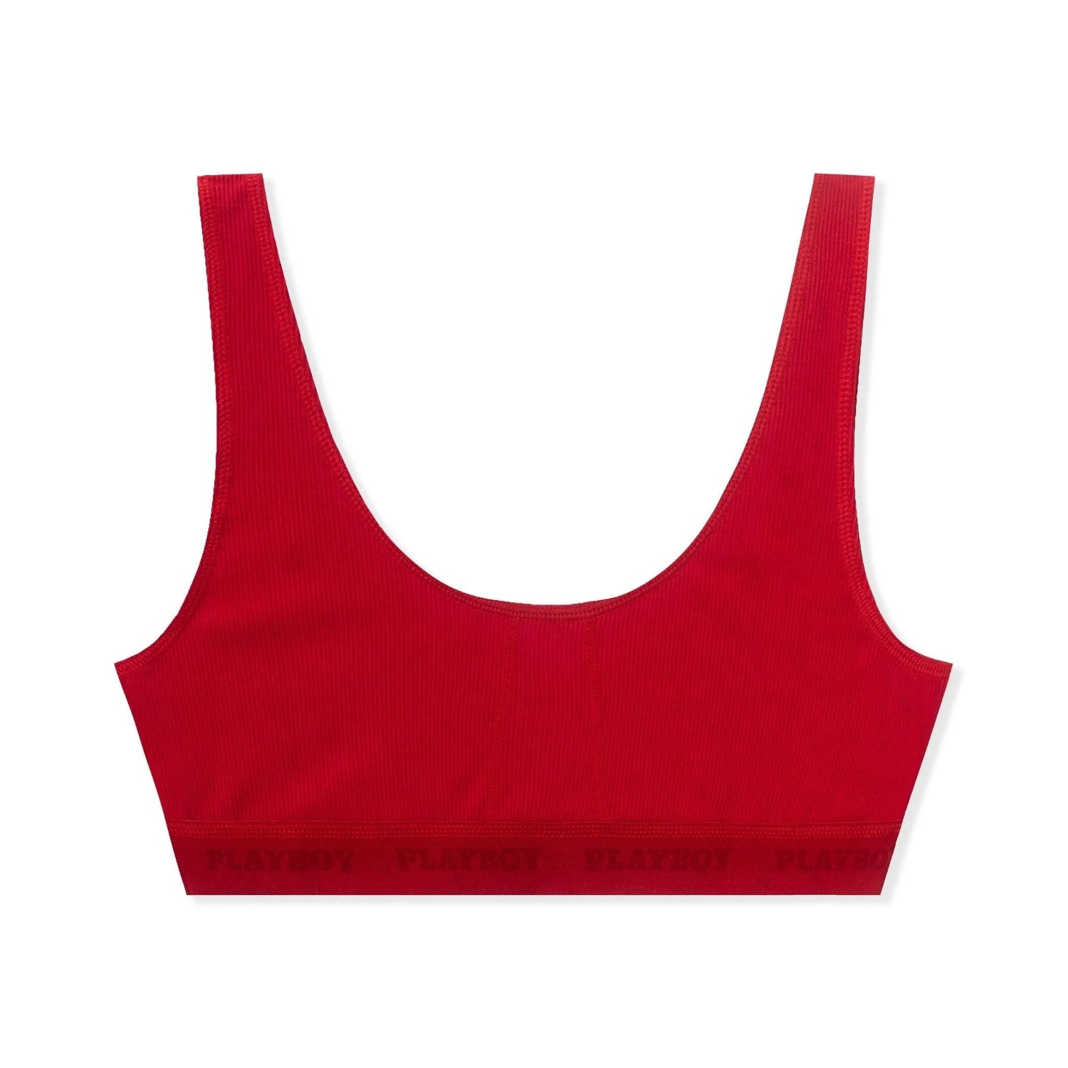 Red women's sports bra with scoop neckline and elastic logo band