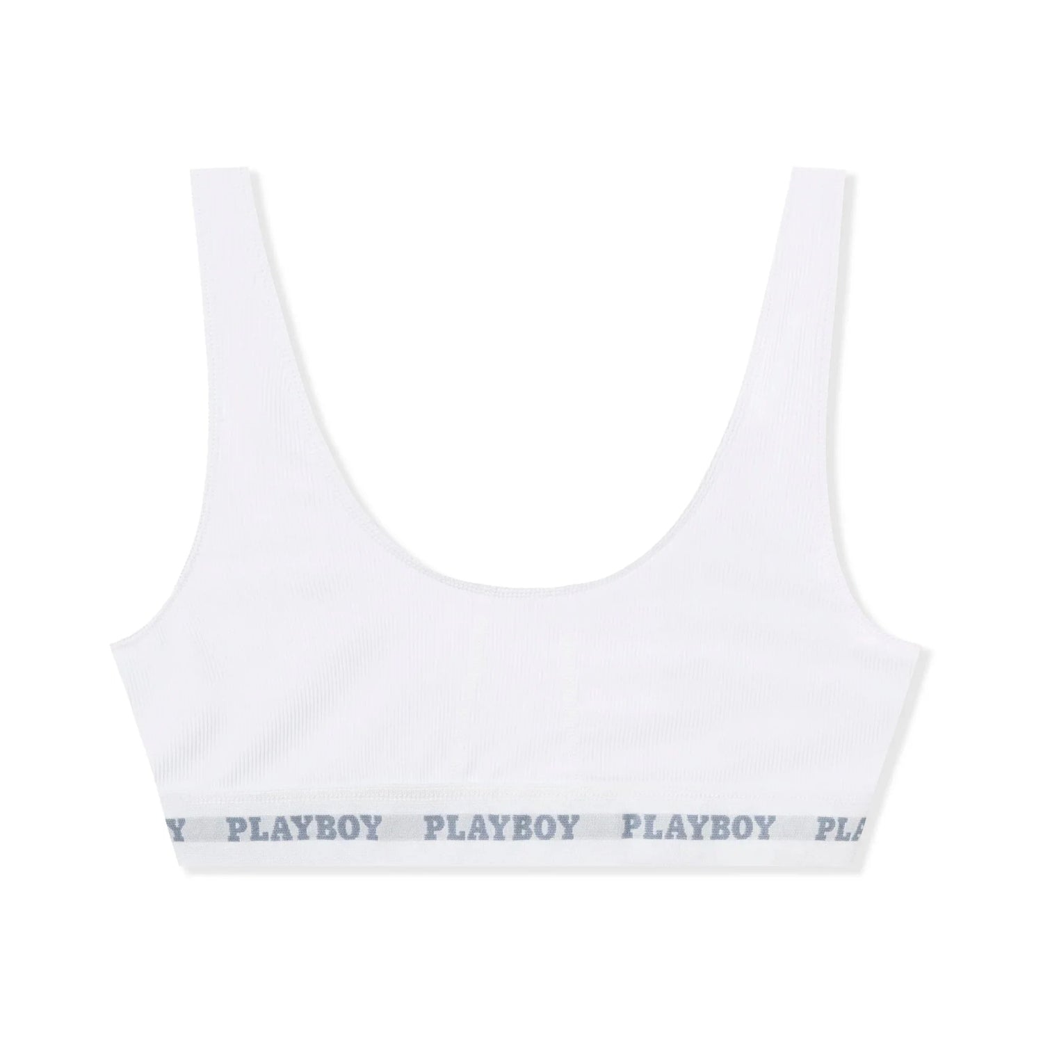 White women's sports bra with wide straps and PLAYBOY logo band, front view.