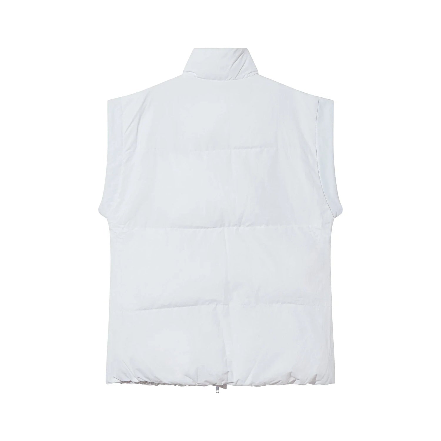Back view of a women's white puffer vest with high collar, sleeveless and quilted design.