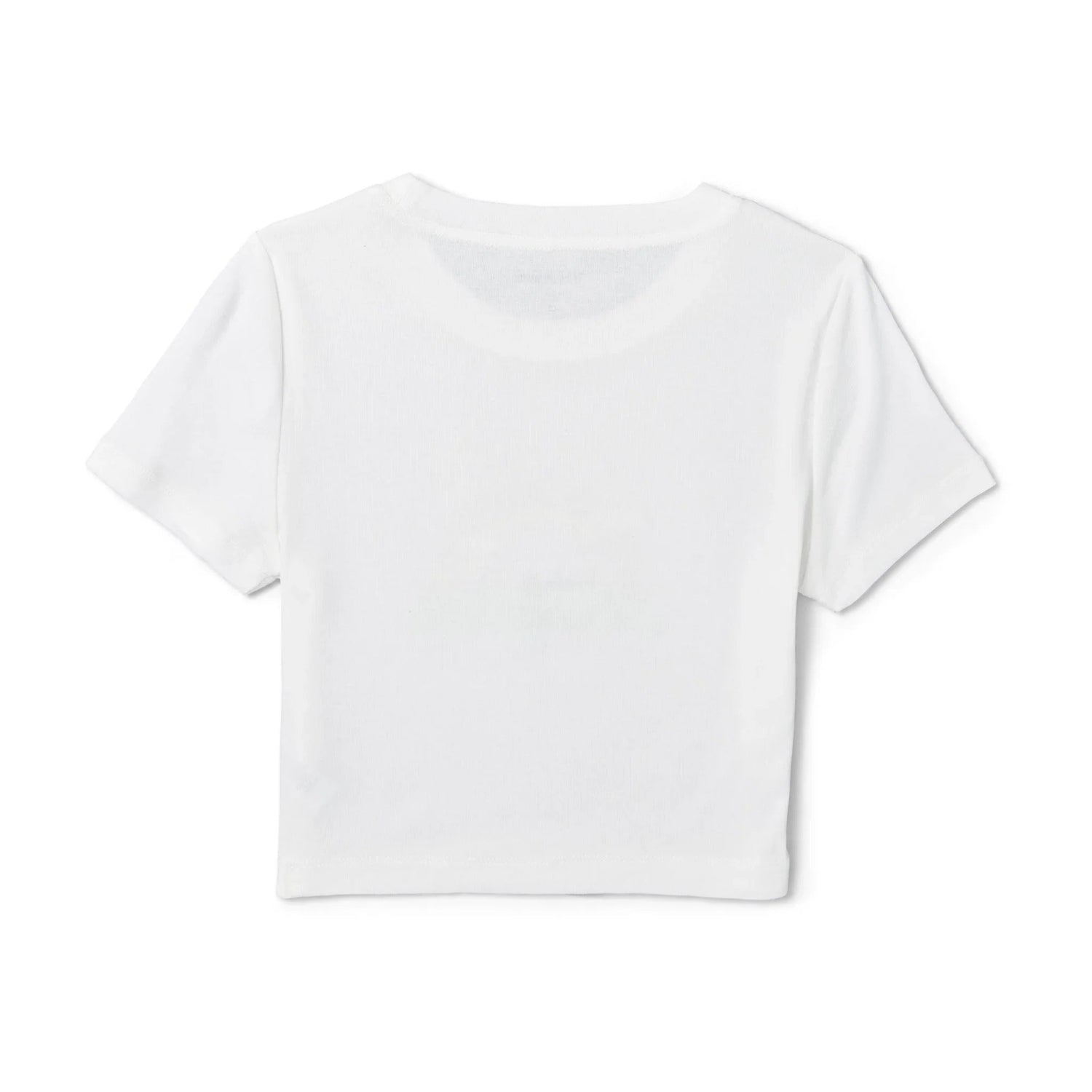 Back view of plain white women's cropped t-shirt against white background