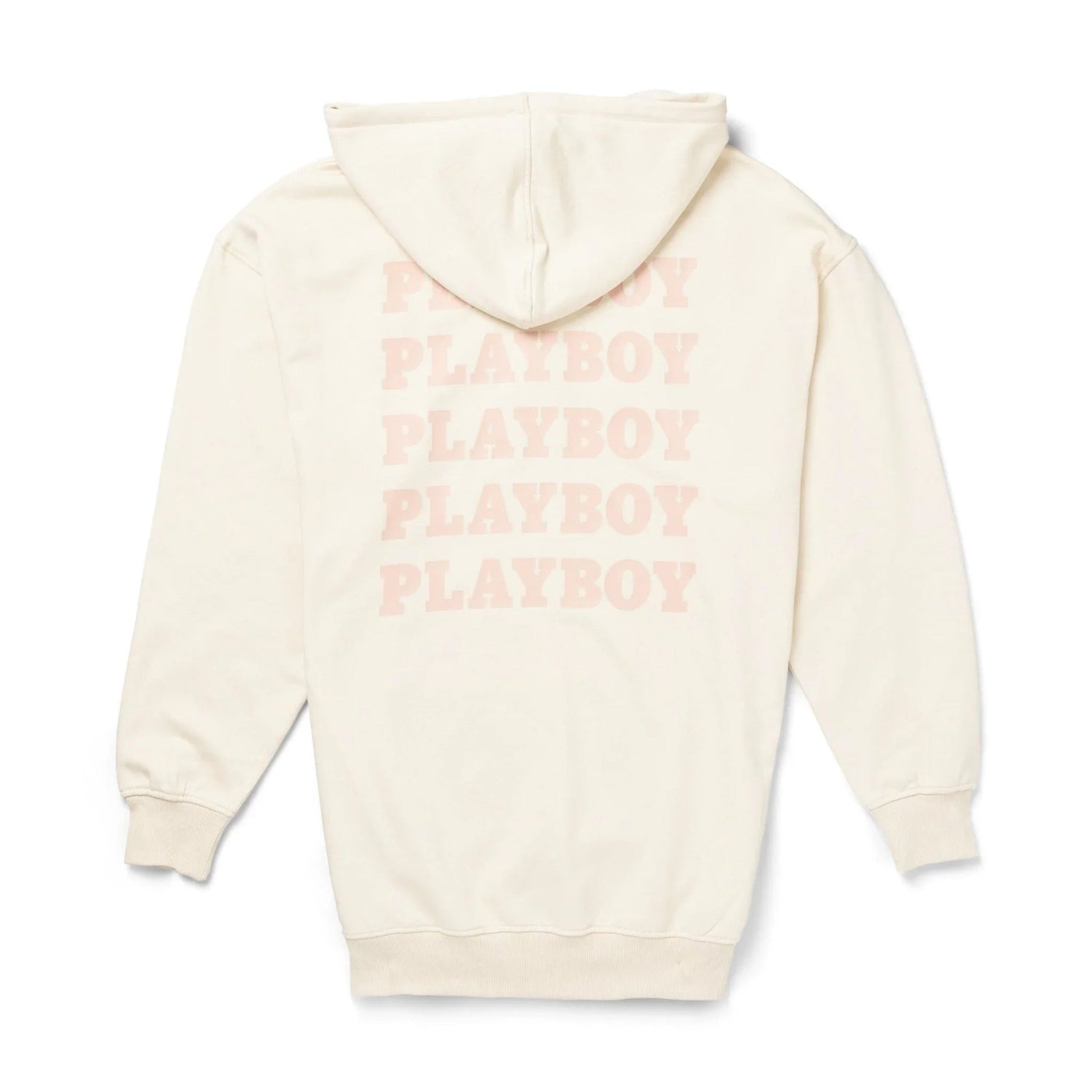 Women's cream hoodie dress with repeated pink PLAYBOY logo on the back