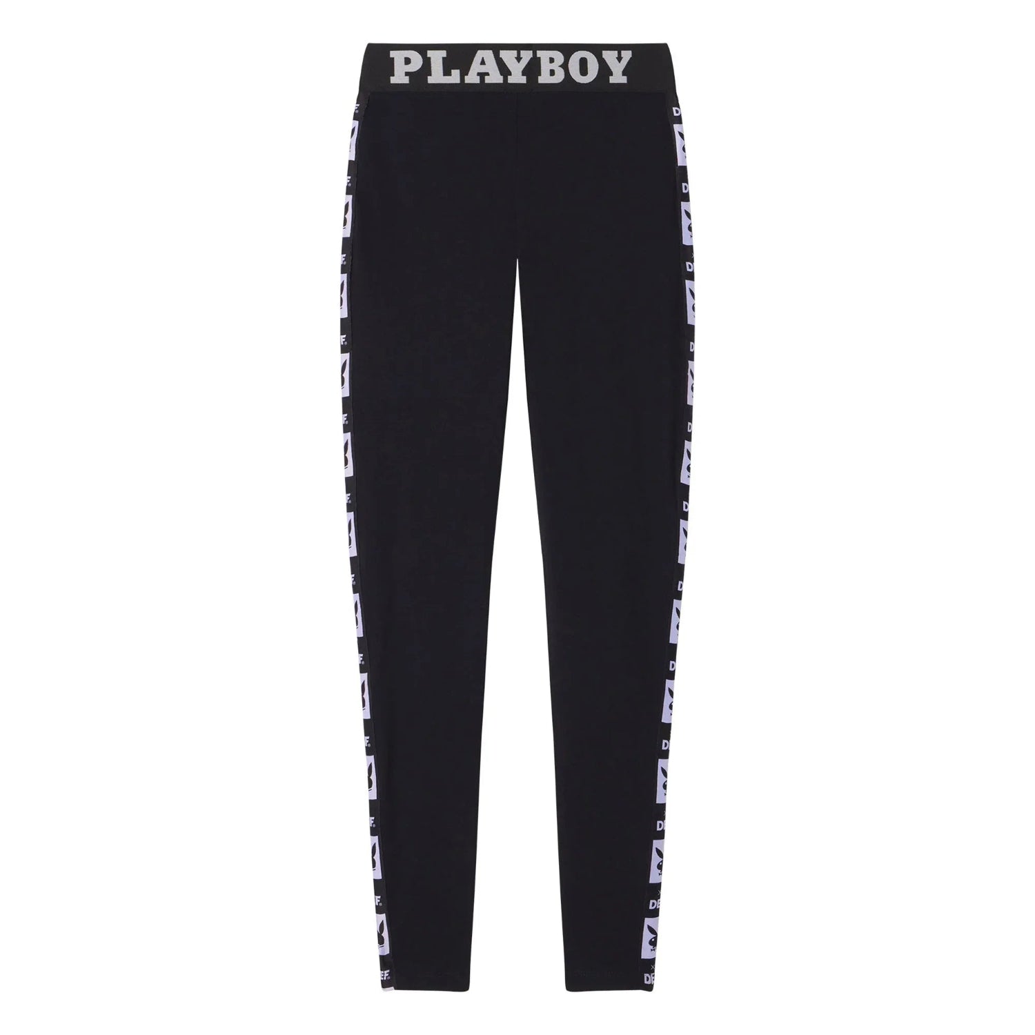 Black women's leggings with repeating logo on side stripes and bold logo waistband
