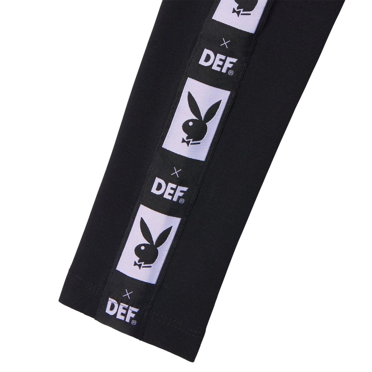 Black women's leggings with repeating white logo and DEF branding on leg panel