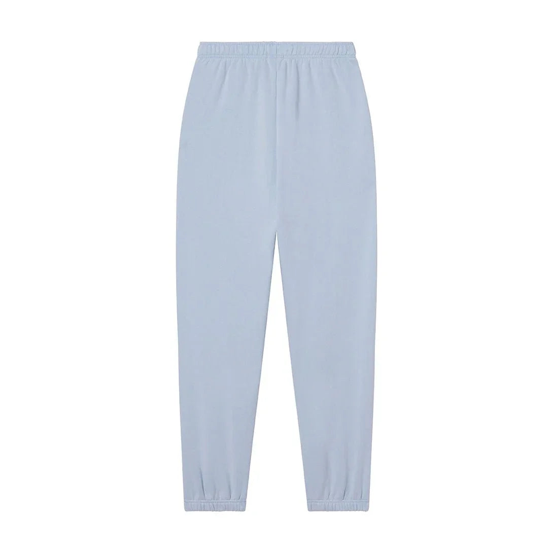 Light blue women's sweatpants with elastic waistband and cuffs, displayed on white background