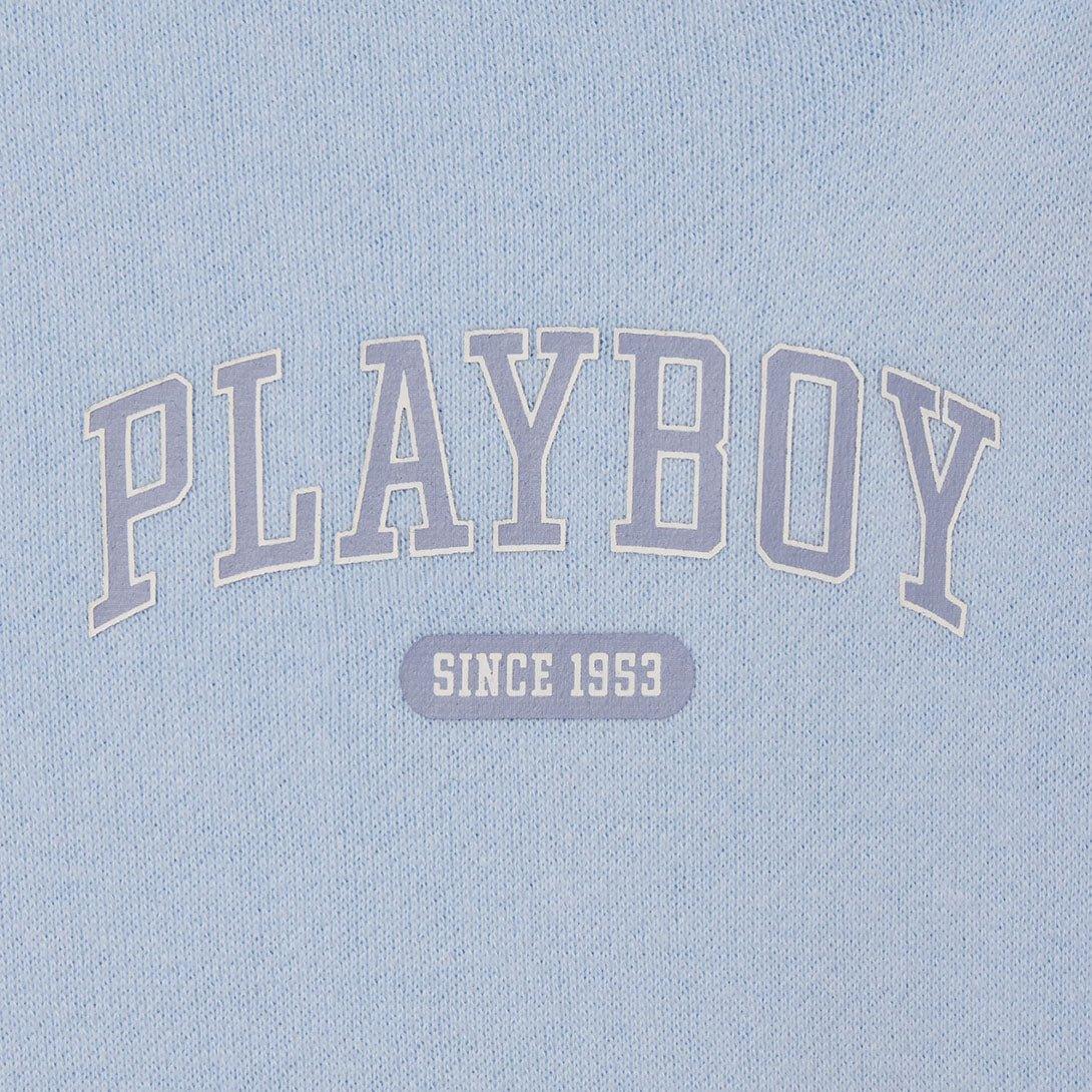 Light blue women's sweatpant fabric with raised 'Playboy Since 1953' text graphic.