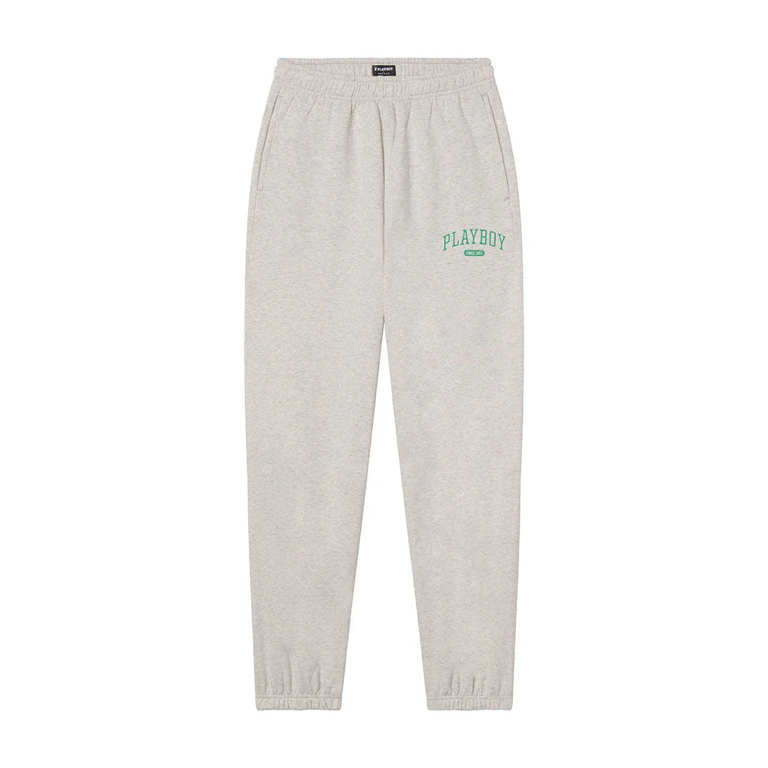 Light grey women's sweatpants with green PLAYBOY logo and elastic waistband, flat lay.