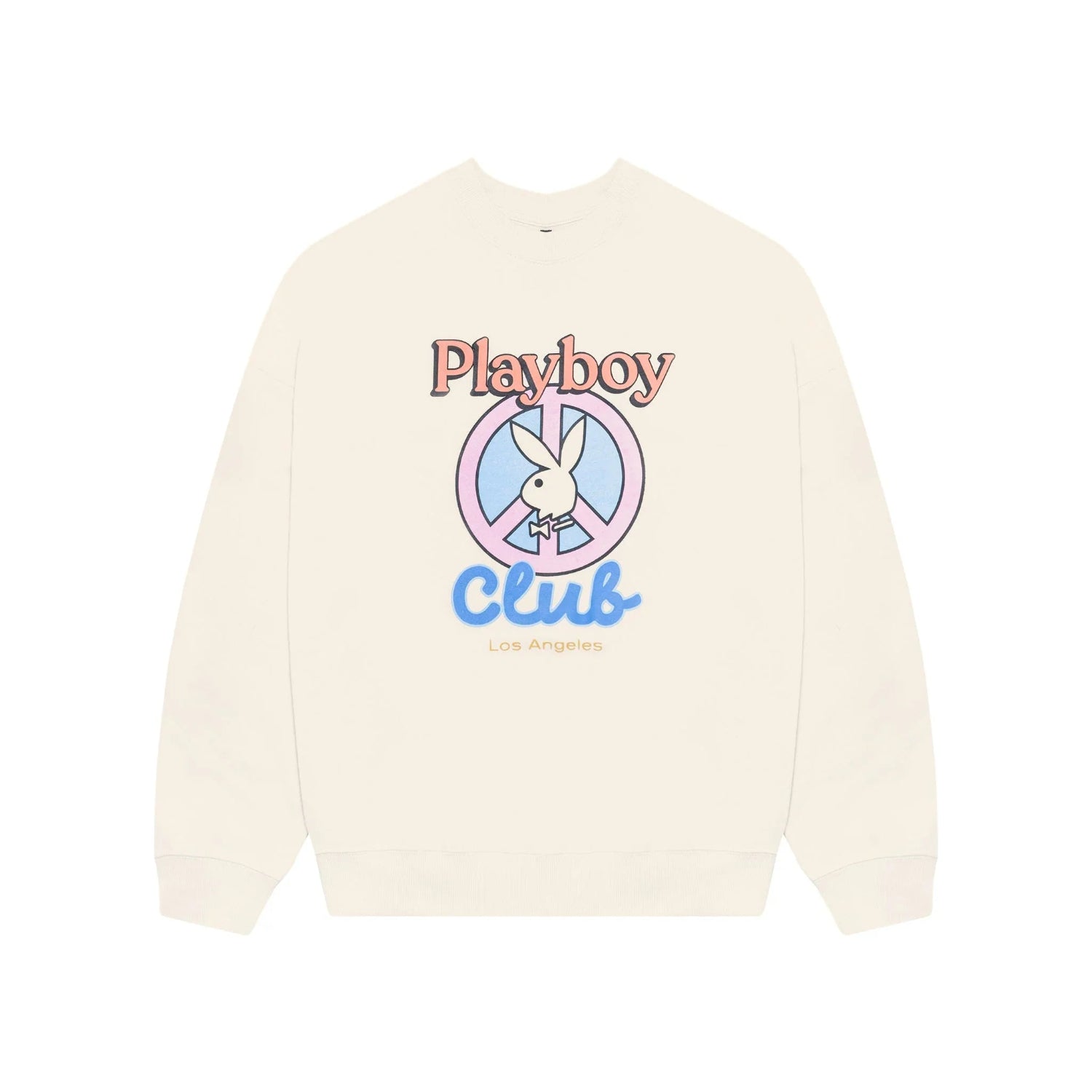 Cream crewneck sweatshirt with retro graphic, Playboy bunny logo, and Club Los Angeles text.