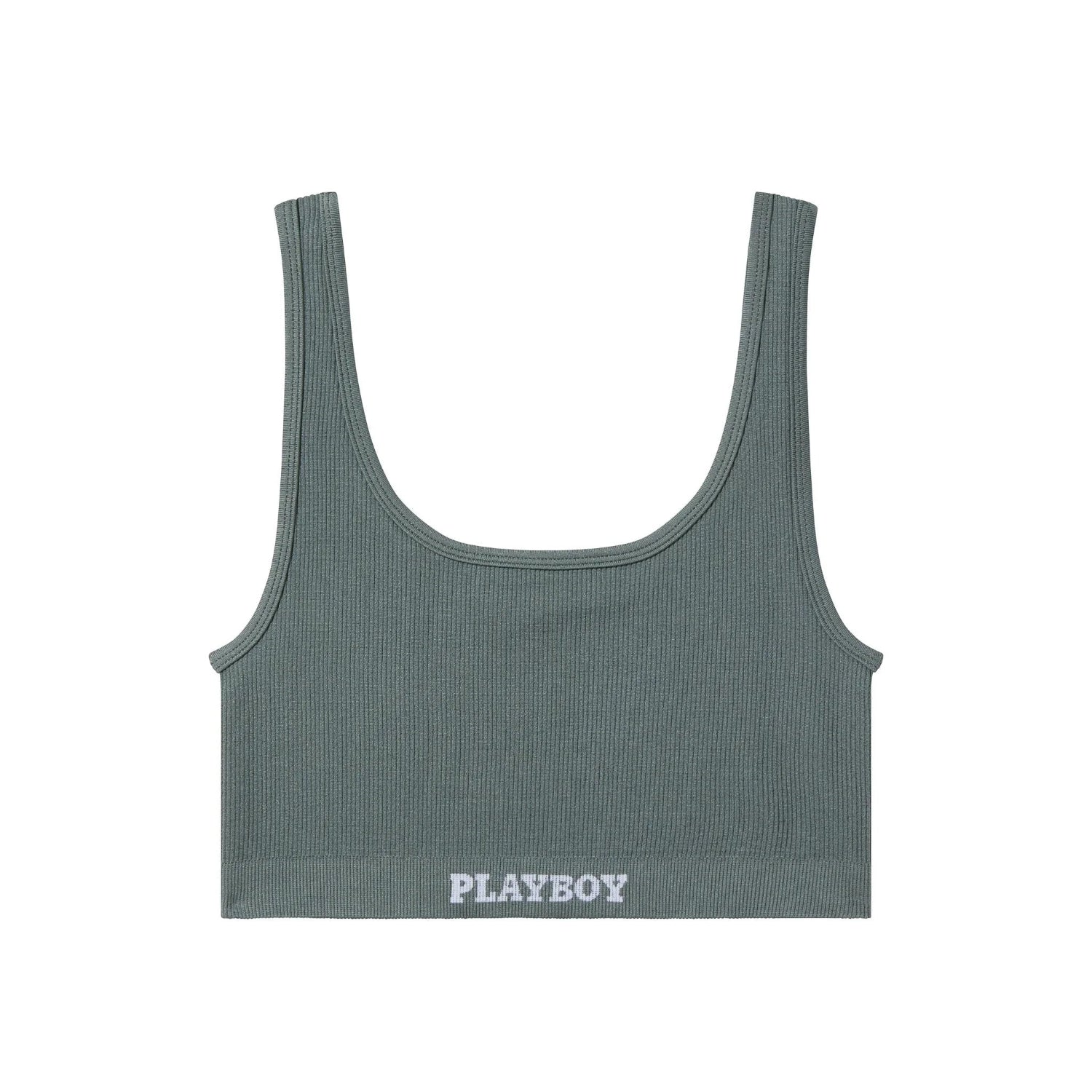 Green ribbed women's sports bra with wide straps and PLAYBOY logo on waistband, isolated on white