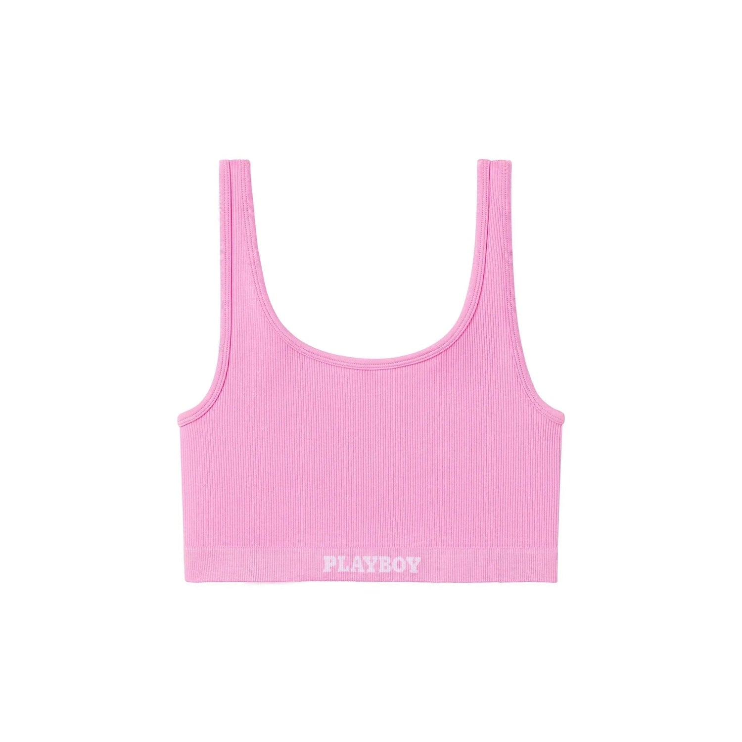 Pink ribbed sports bra with scoop neck and PLAYBOY logo on waistband, front view