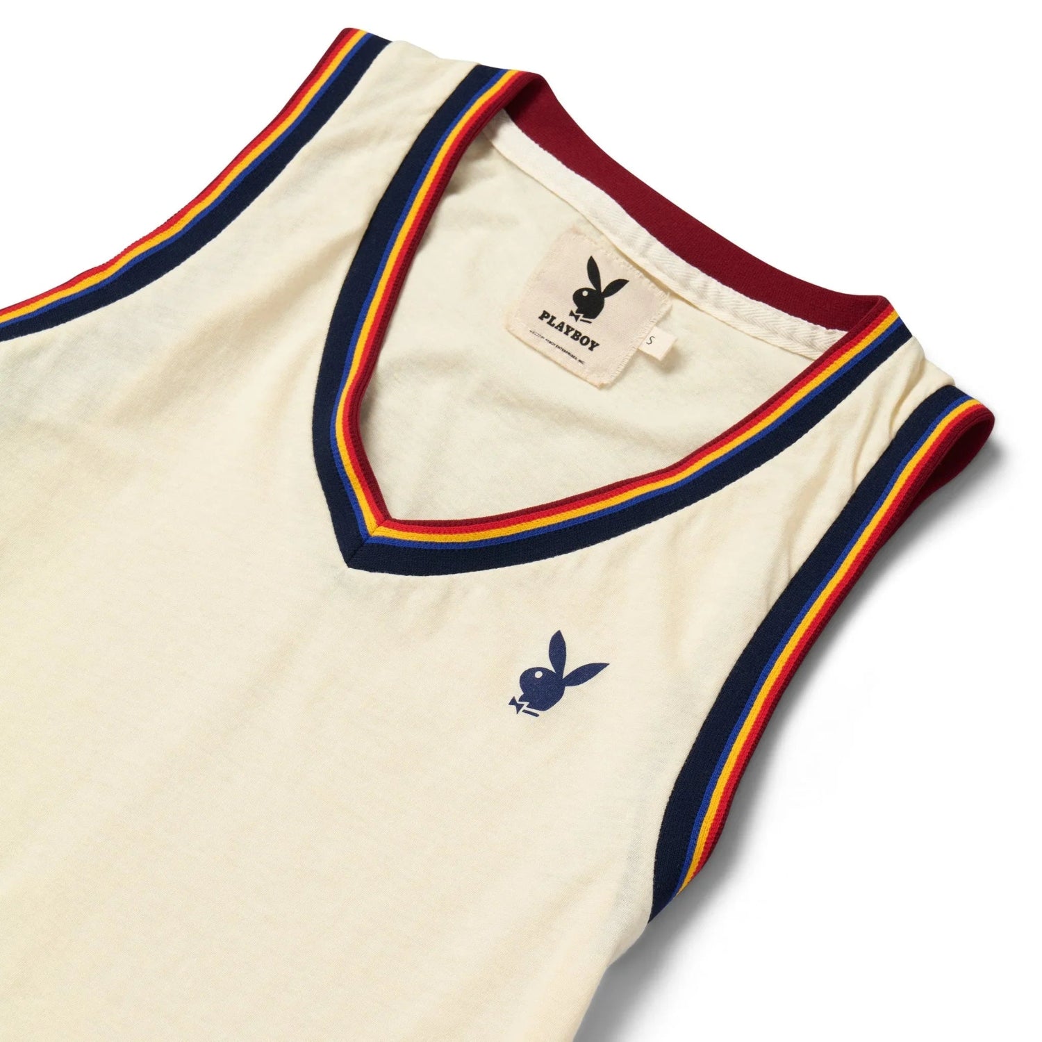 Women's cream V-neck tank top with colorful striped trim and bunny logo on chest