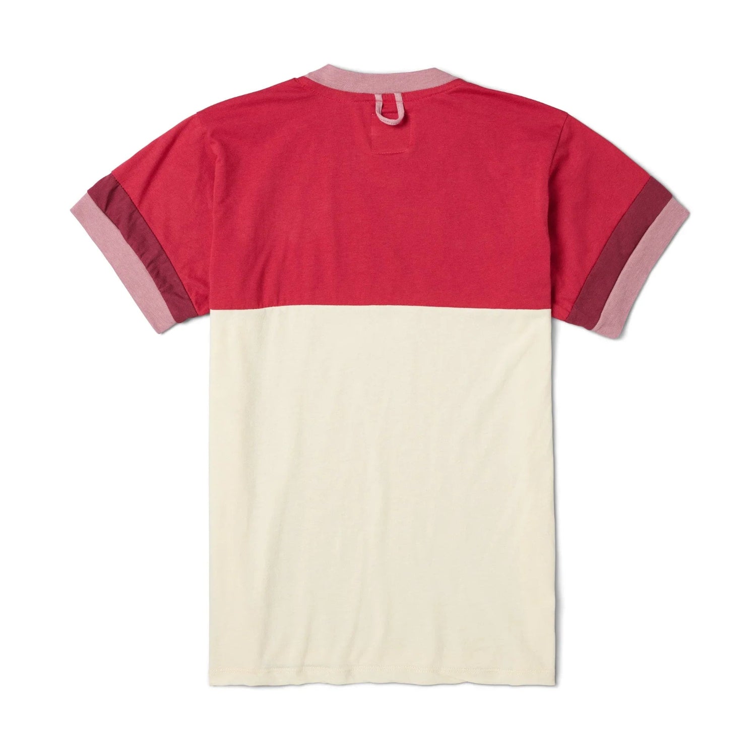 Women's short sleeve colorblock tee in red and cream with contrasting sleeve accents, back view.