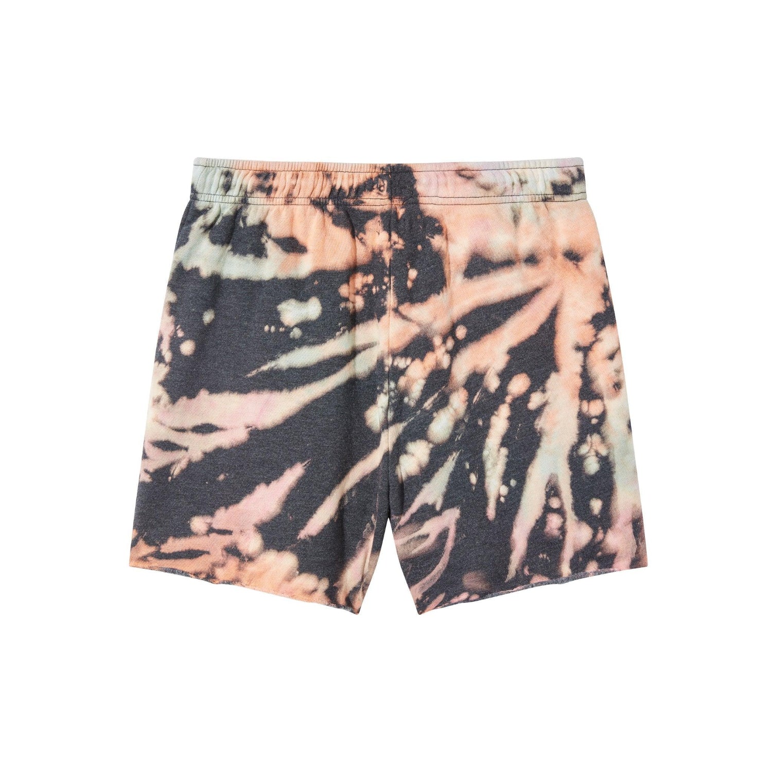 Women's tie-dye sweatshorts with elastic waistband and grunge pastel pattern on white background
