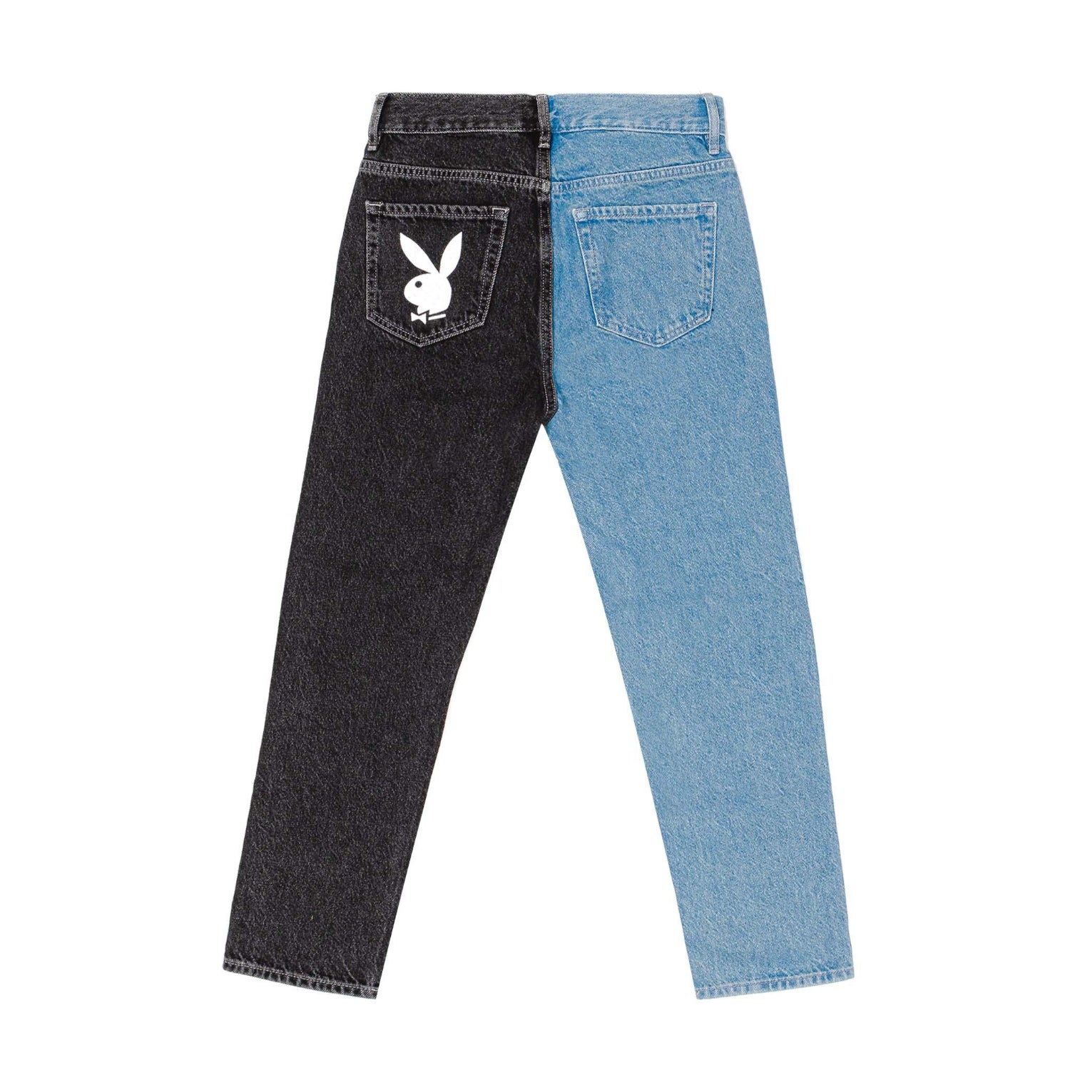 Women's two-tone high-rise denim jeans, one black leg with bunny logo, one blue leg