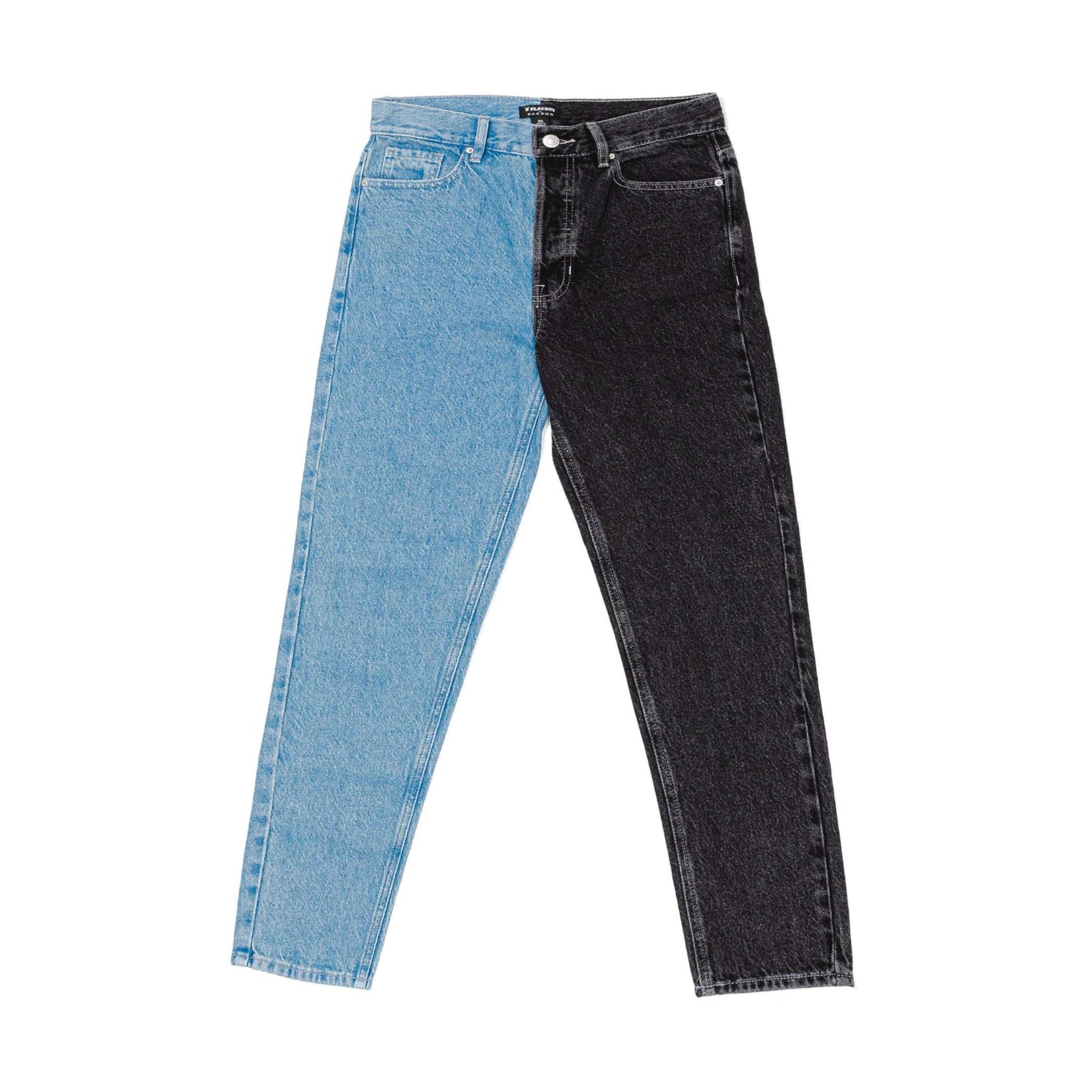 Women’s two-tone ultra high rise denim pants with light blue and black colorblock design.