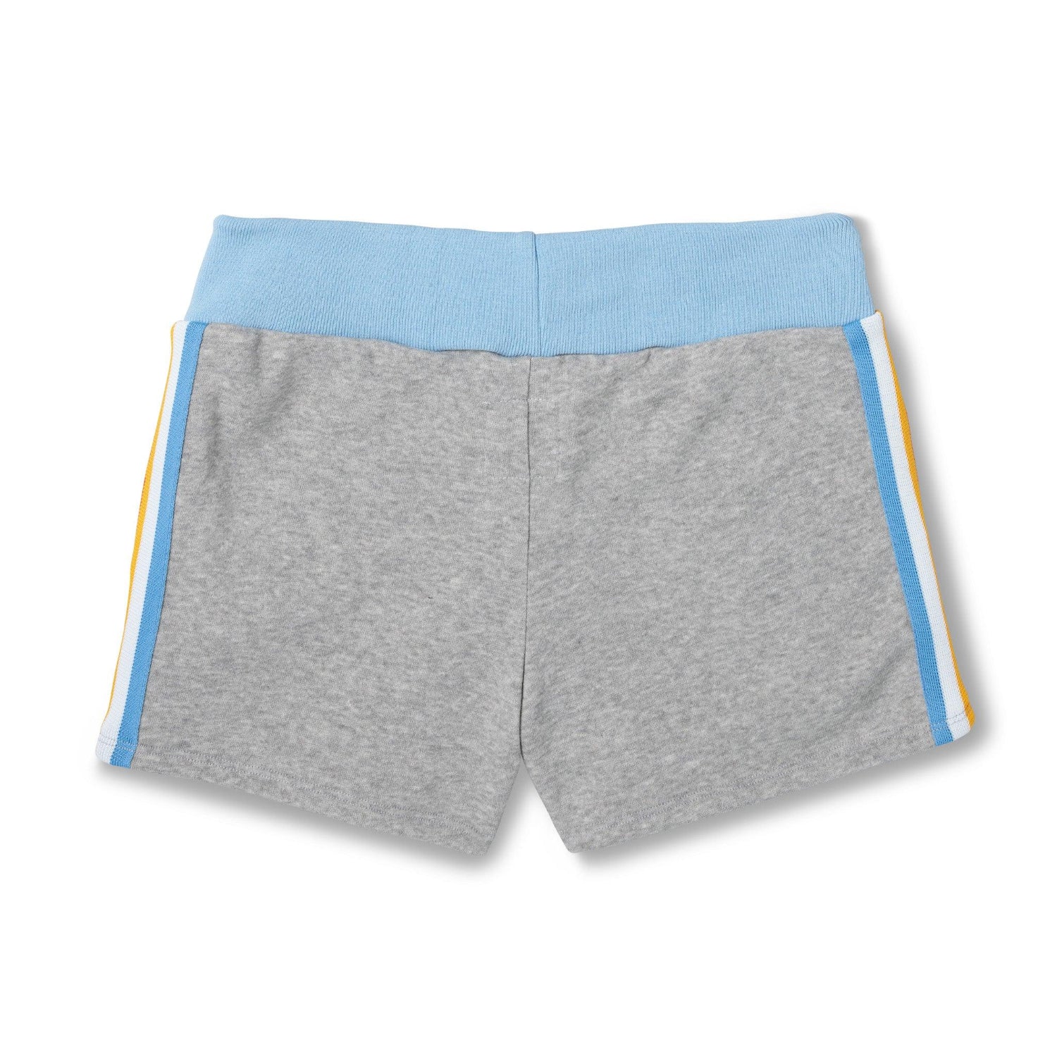 Women's grey warmup shorts with blue waistband and blue, white, yellow side stripes, flat lay