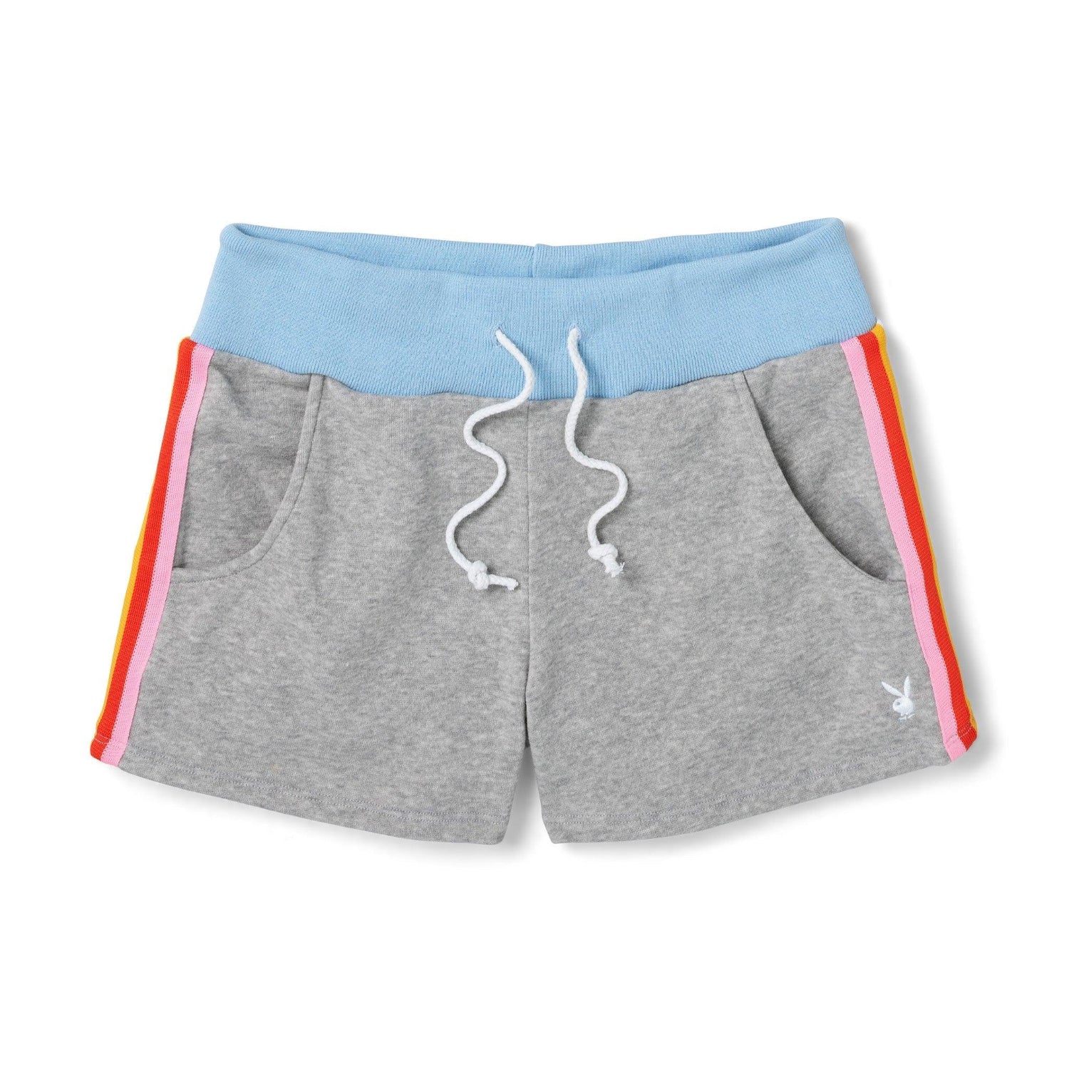 Women's grey warm-up shorts with blue waistband, rainbow side stripes, and front pockets