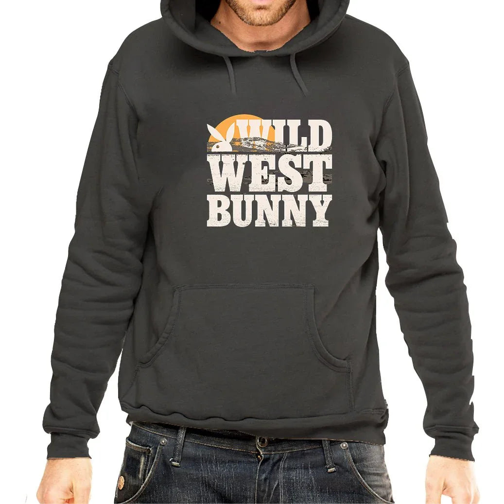 Black hoodie with Wild West Bunny graphic and bunny logo, casual men's streetwear