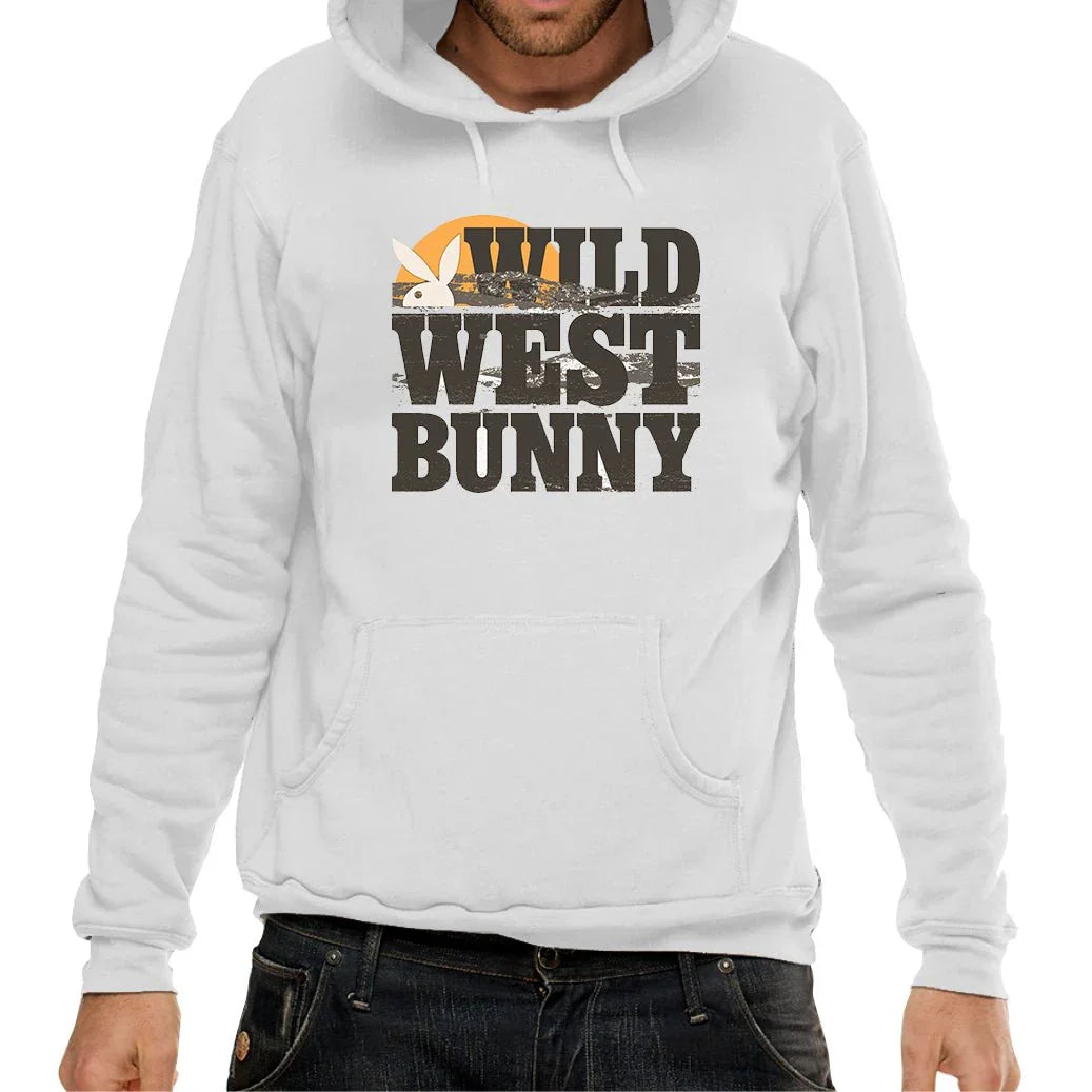 White hoodie with Wild West Bunny graphic and bunny ear silhouette, front view.