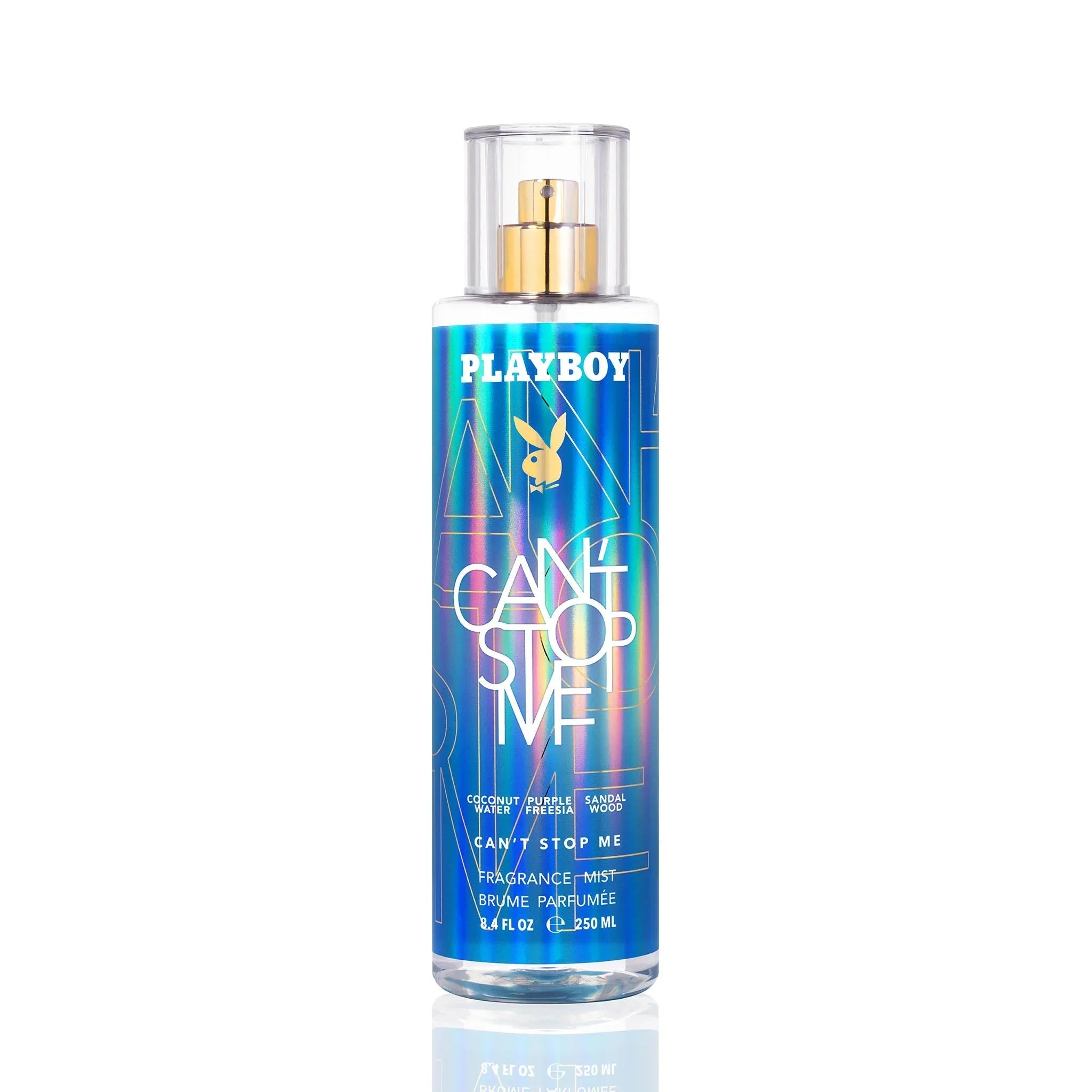 Holographic blue body mist bottle with gold logo, labeled Cant Stop Me fragrance mist, 8.4 oz