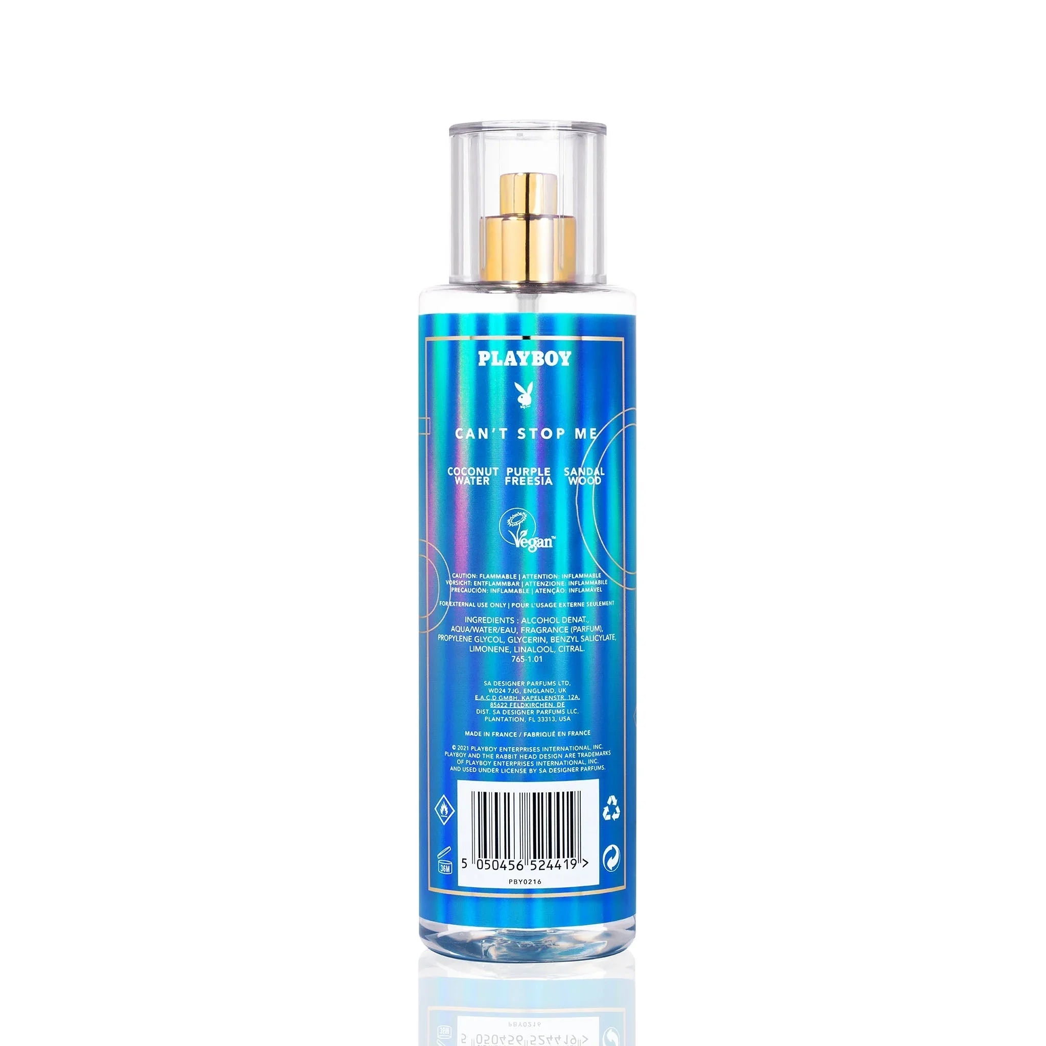 Blue holographic bottle of body mist labeled 'Can't Stop Me' with coconut, freesia, sandalwood.