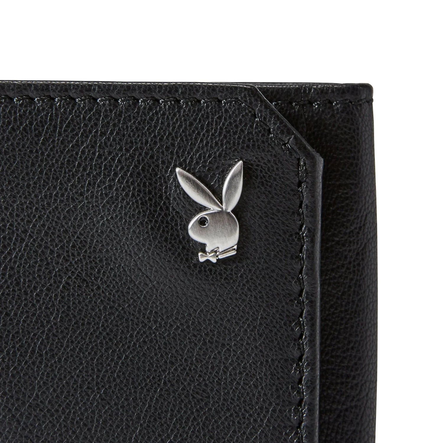 Black men's trifold leather wallet with silver bunny head logo, close-up view