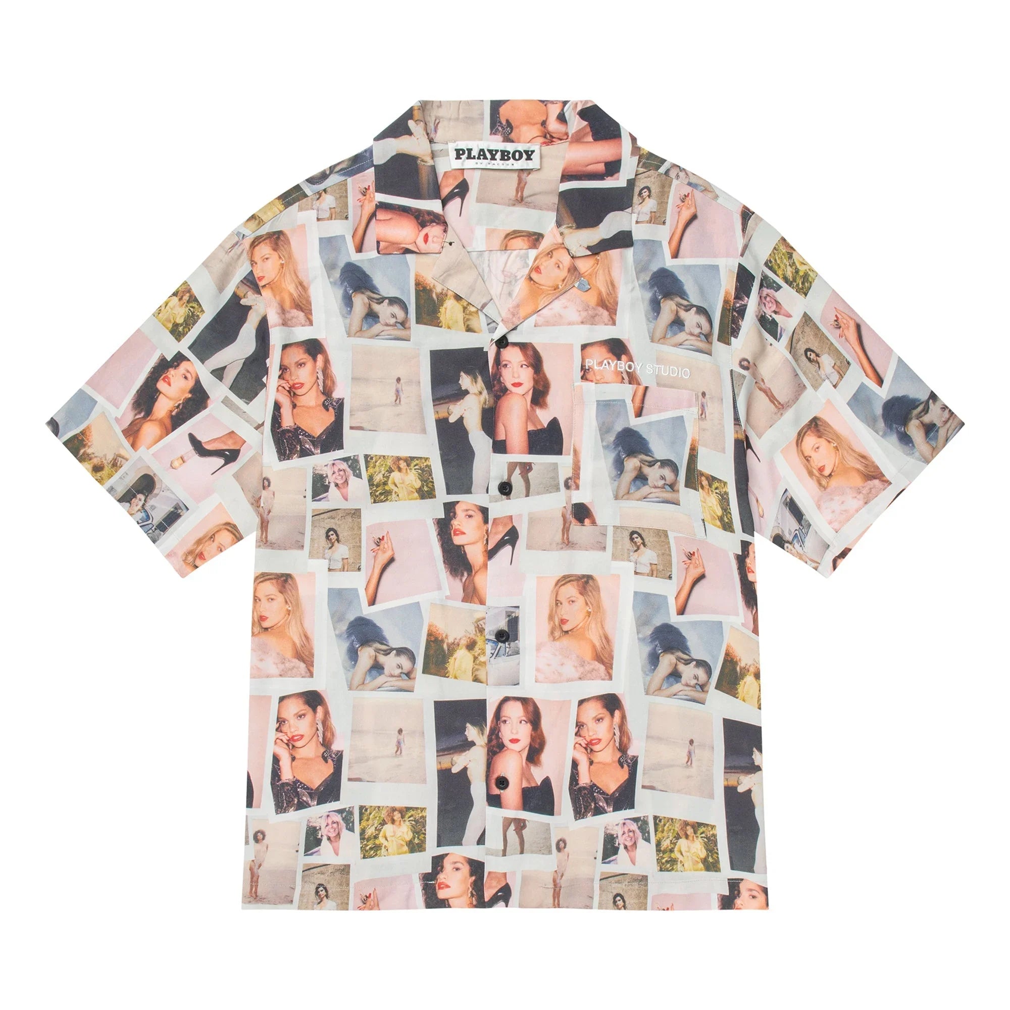 Men's short sleeve camp shirt with collage of vintage-inspired Polaroid style photos and pin-up graphics.