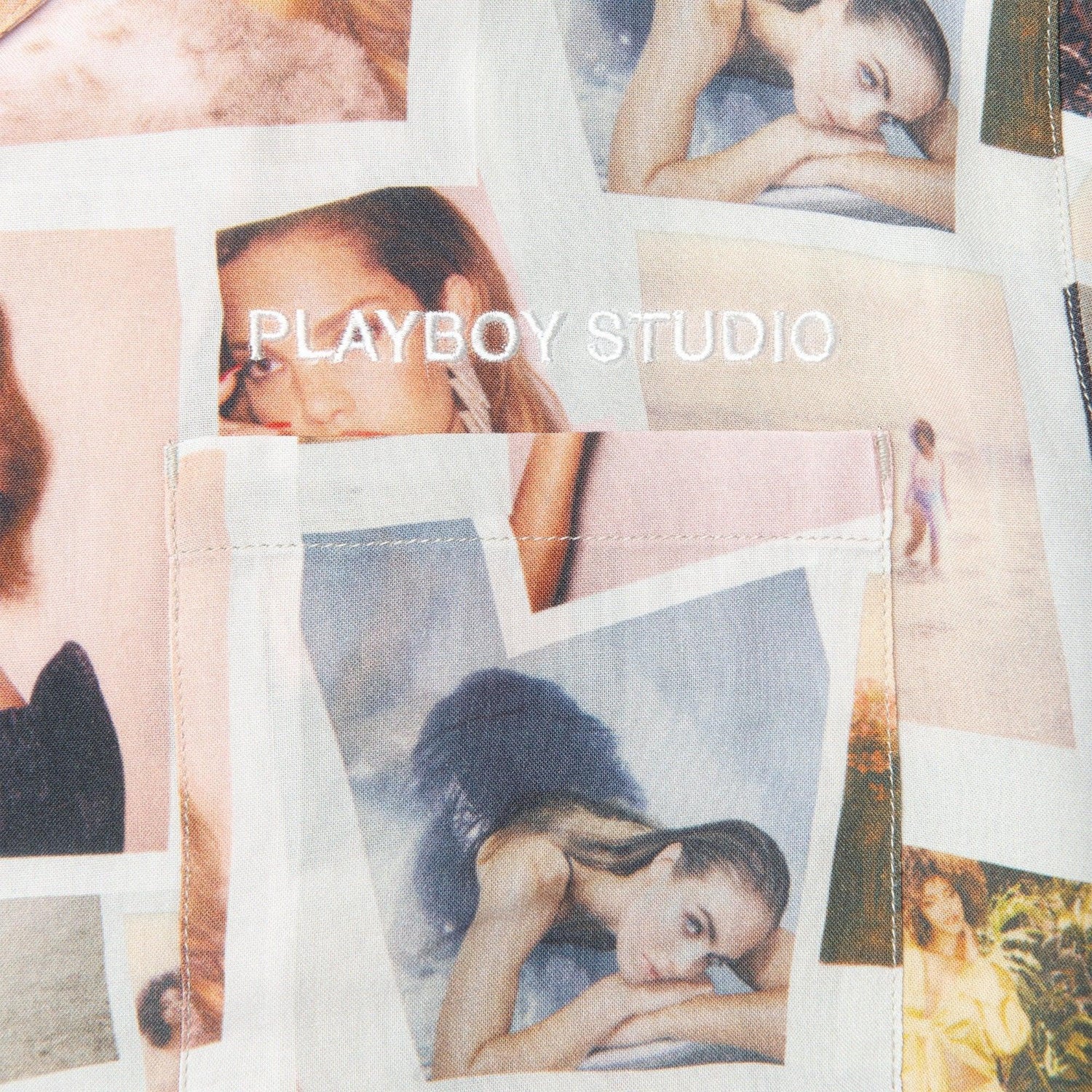 Men's camp shirt with Polaroid-style collage of studio portrait photos and 'Playboy Studio' text.