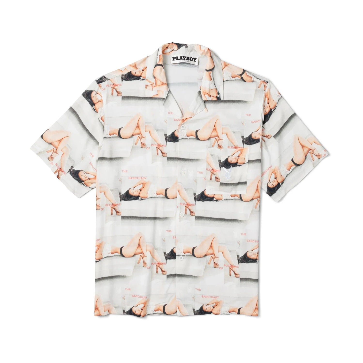 Men's short sleeve camp shirt with photo print of model in lingerie and contrast collar