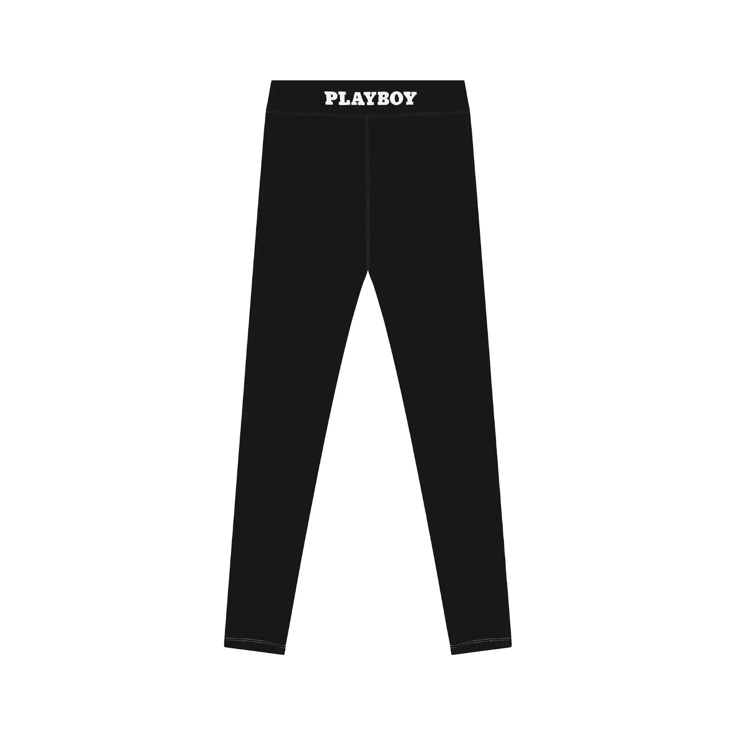 Black women's leggings with ruched waistband and PLAYBOY logo on waistband, flat lay