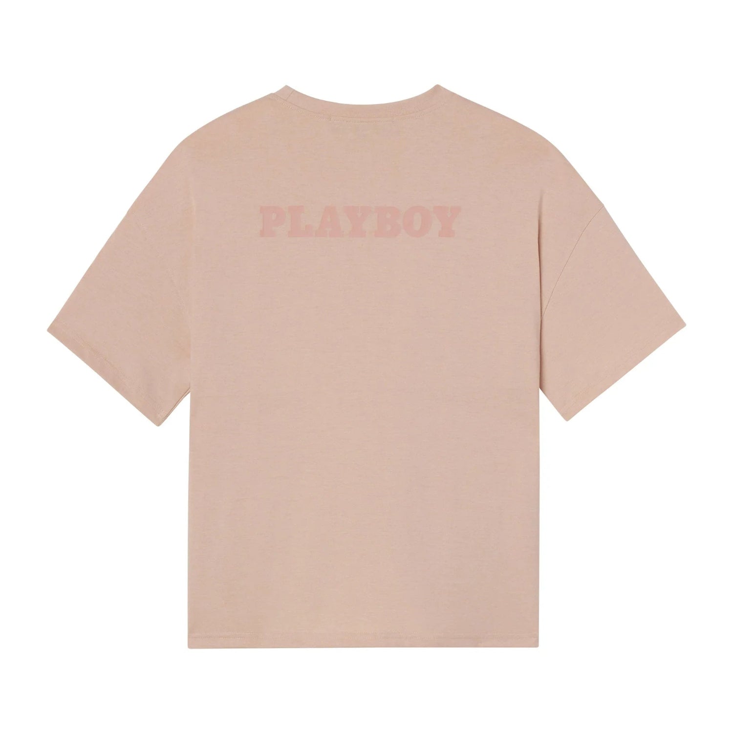Beige oversized women's t-shirt with PLAYBOY logo on the back, short sleeves