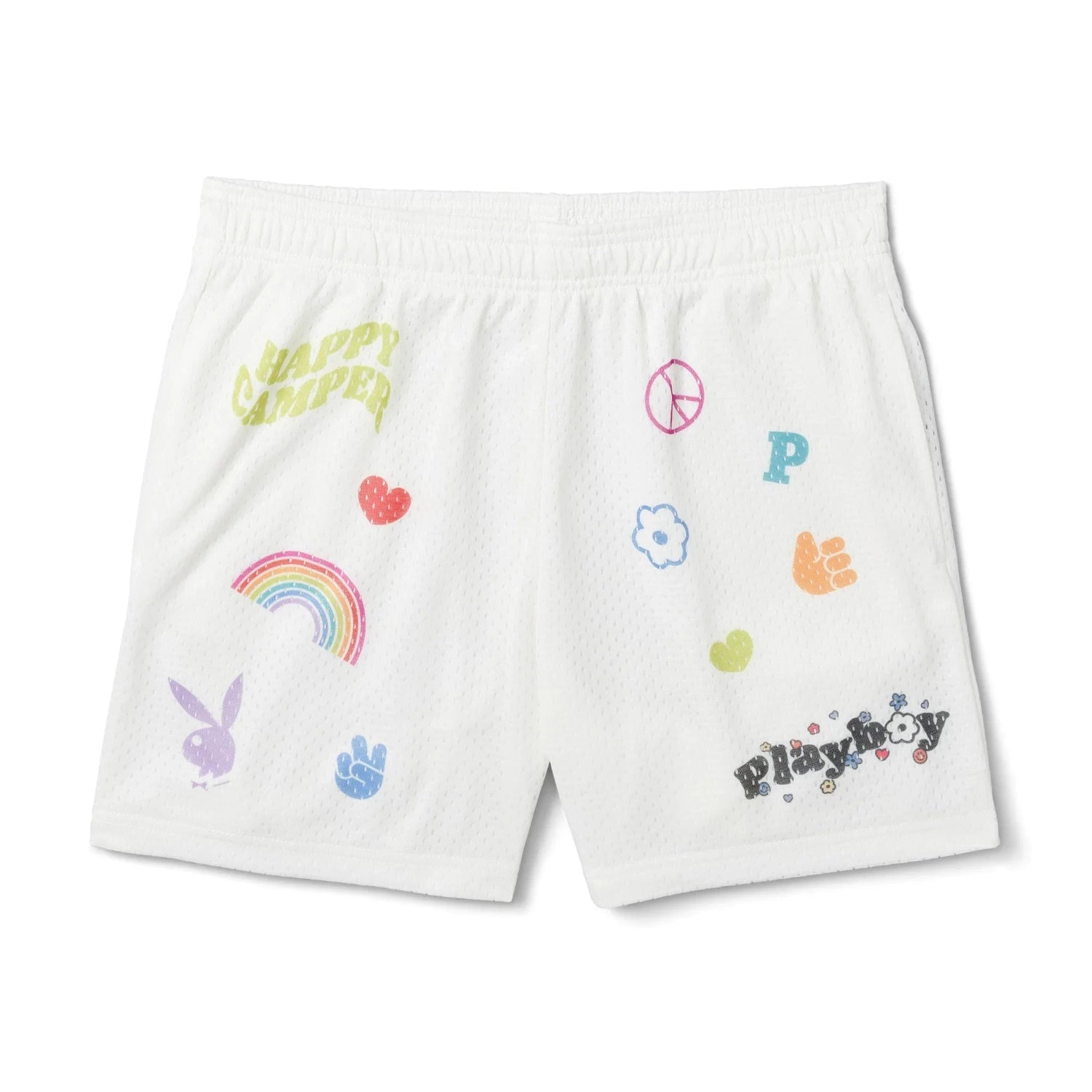 White women's basketball shorts with colorful cartoon graphics, peace signs, and playful icons.