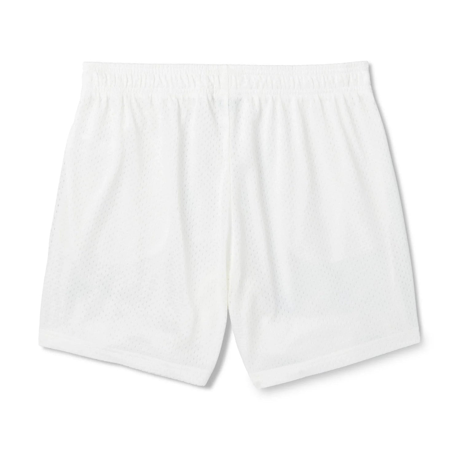 White women's basketball shorts with elastic waistband and mesh fabric, back view