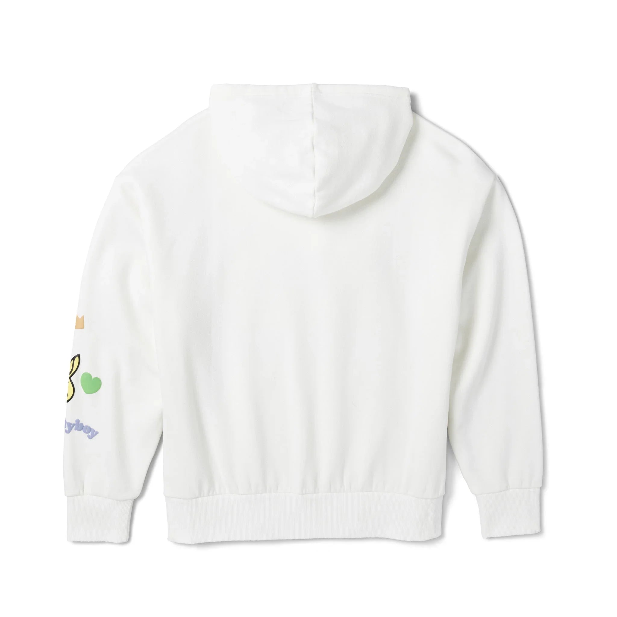 Back view of white women's hoodie with colorful beaded sleeve accents