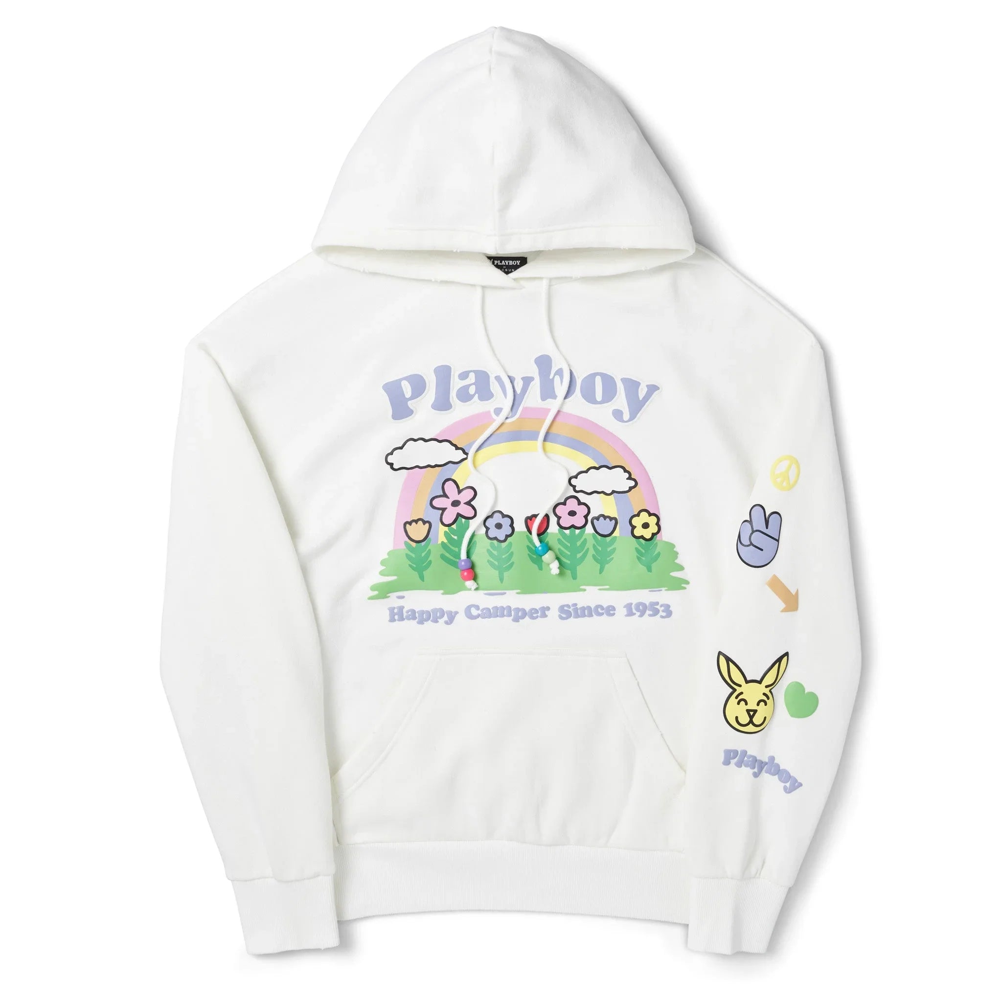 White women's hoodie with rainbow, flowers, beads, pastel graphics, and playful text print.