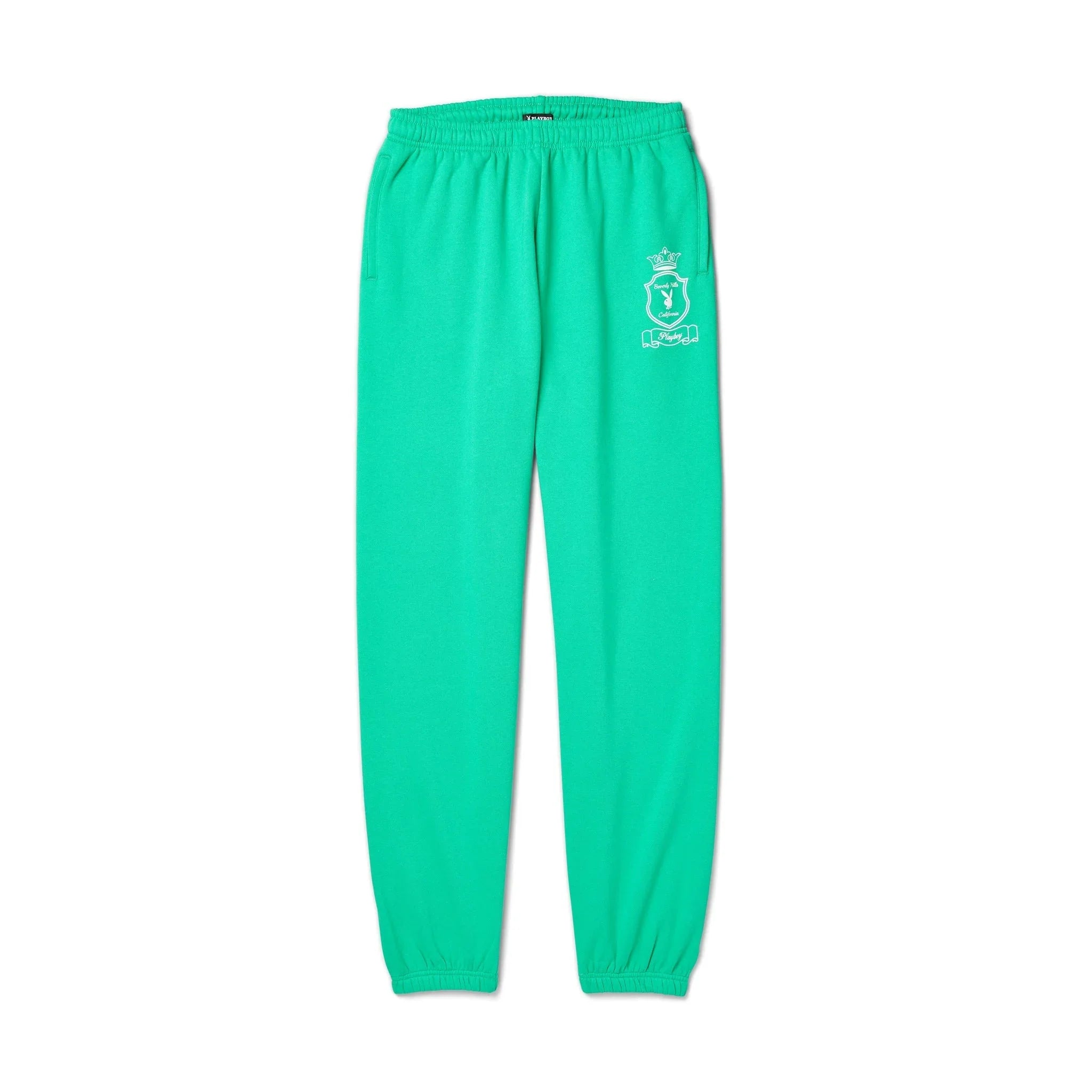 Green women's sweatpants with elastic waistband, front pockets, and a white crest logo on the left thigh.