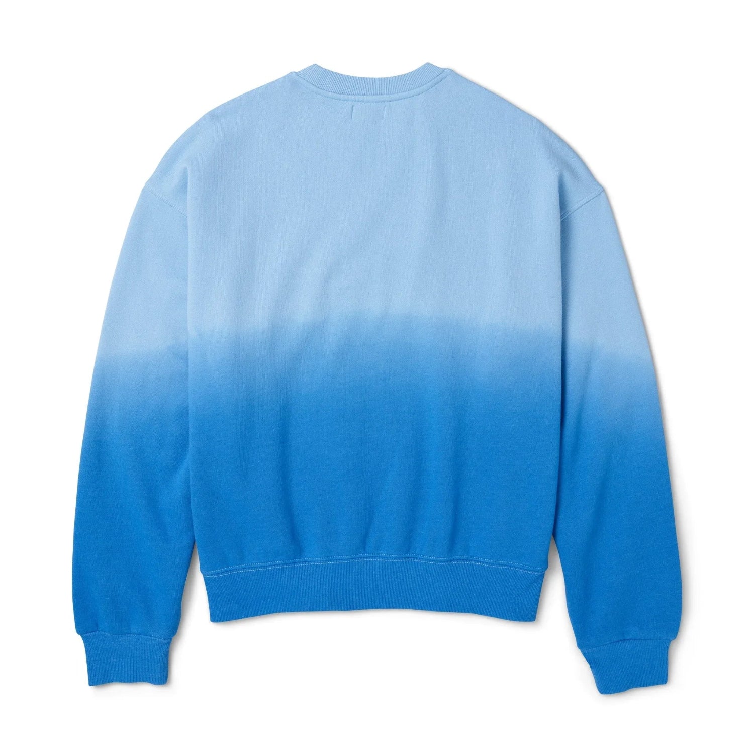 Back view of a women's blue ombre crew neck sweatshirt on white background