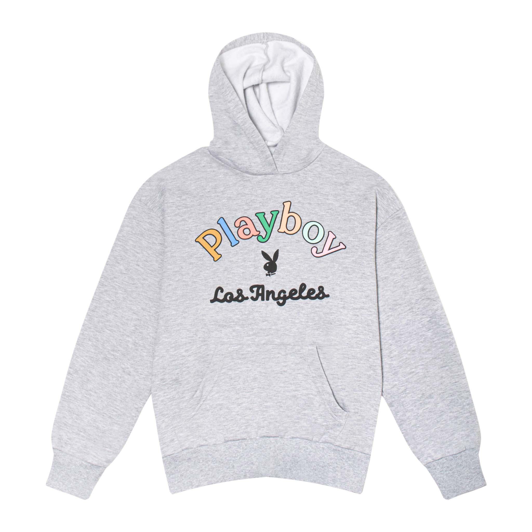 Light grey hoodie with rainbow 'Playboy' text, bunny logo, and Los Angeles graphic on front.