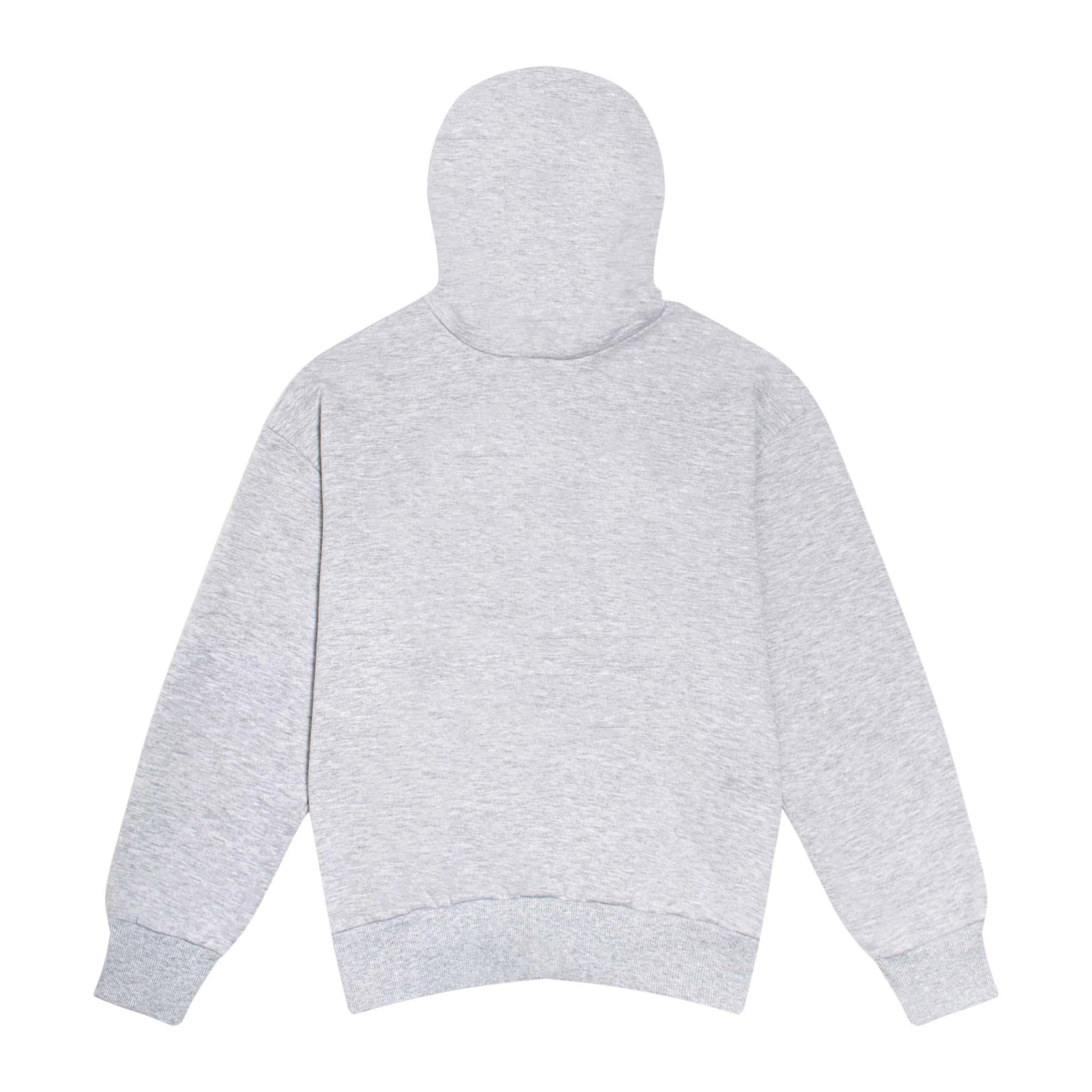 Back view of light gray women's hoodie with hood and long sleeves on white background
