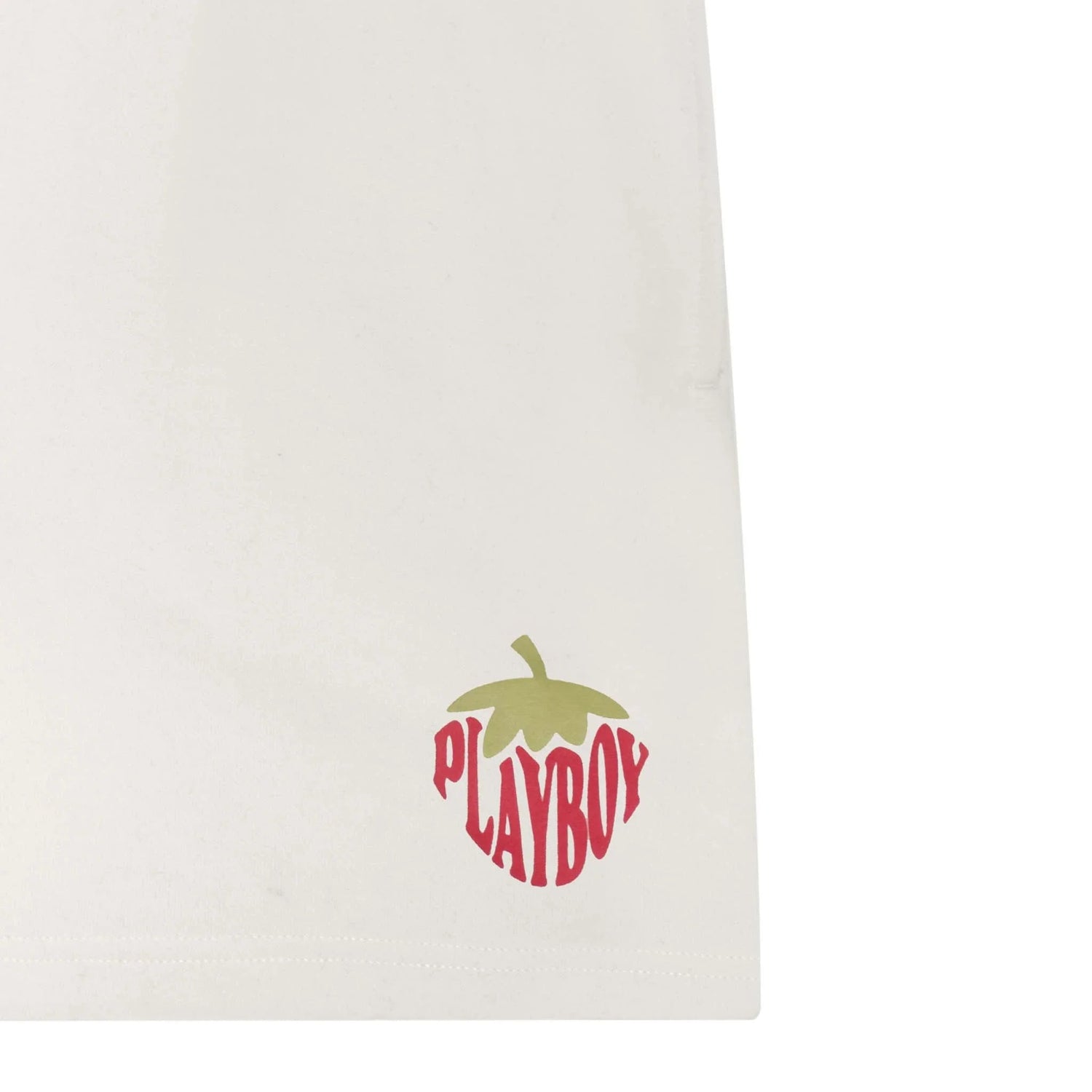 Cream women's sweatshorts with a red strawberry and green stem graphic near the hem