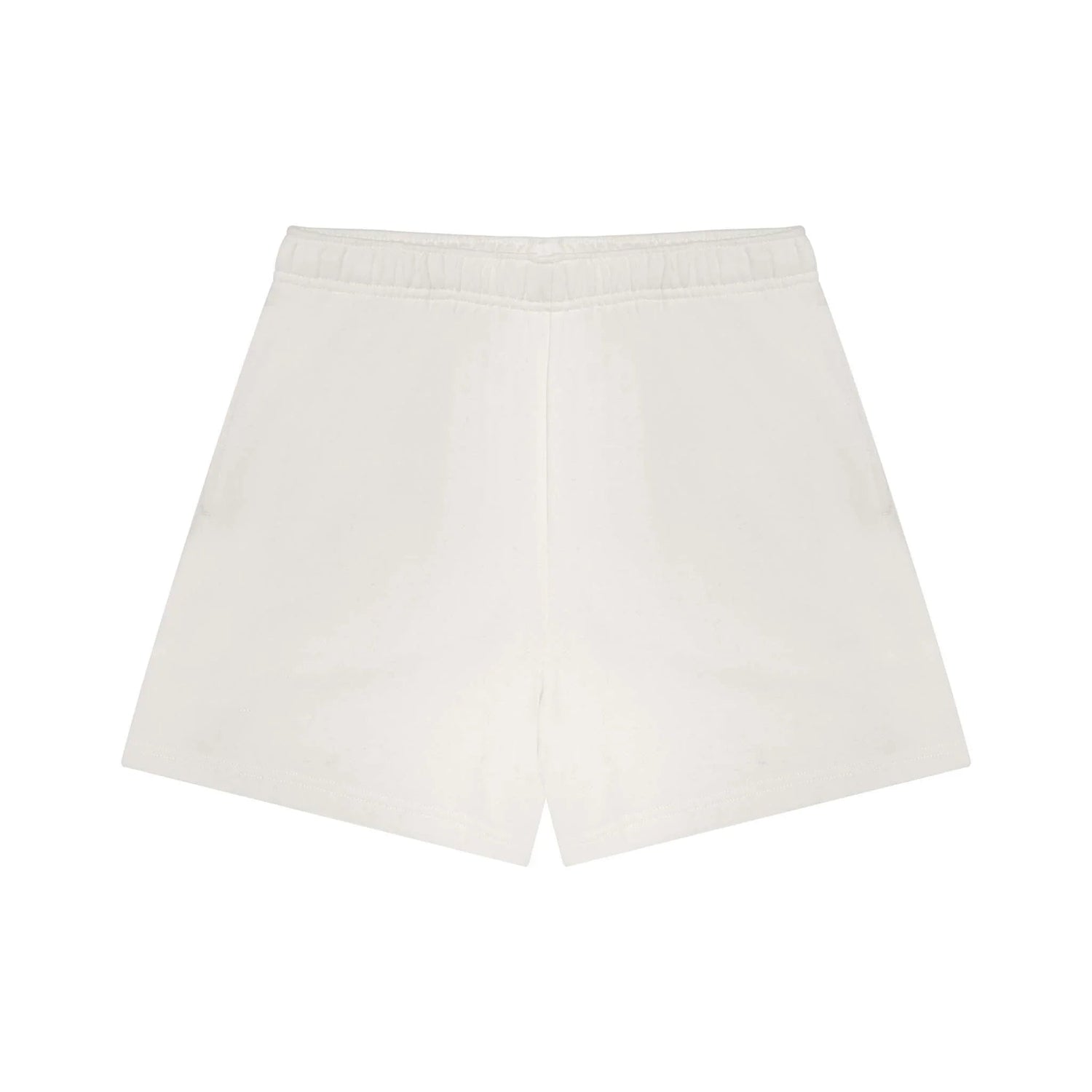 Back view of women's white sweatshorts with relaxed fit and elastic waistband