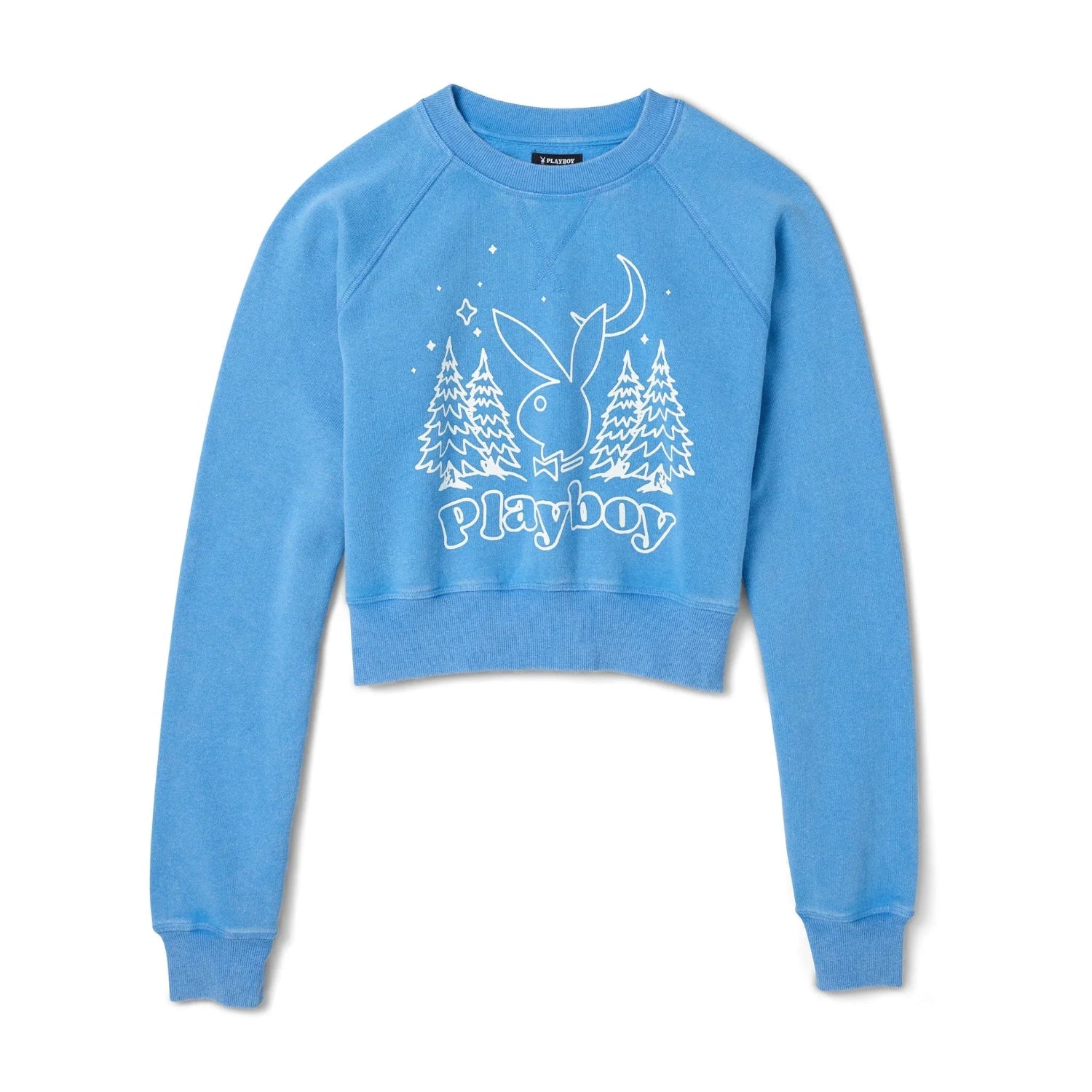 Blue vintage raglan crewneck sweatshirt with graphic print featuring bunny, trees, and moon