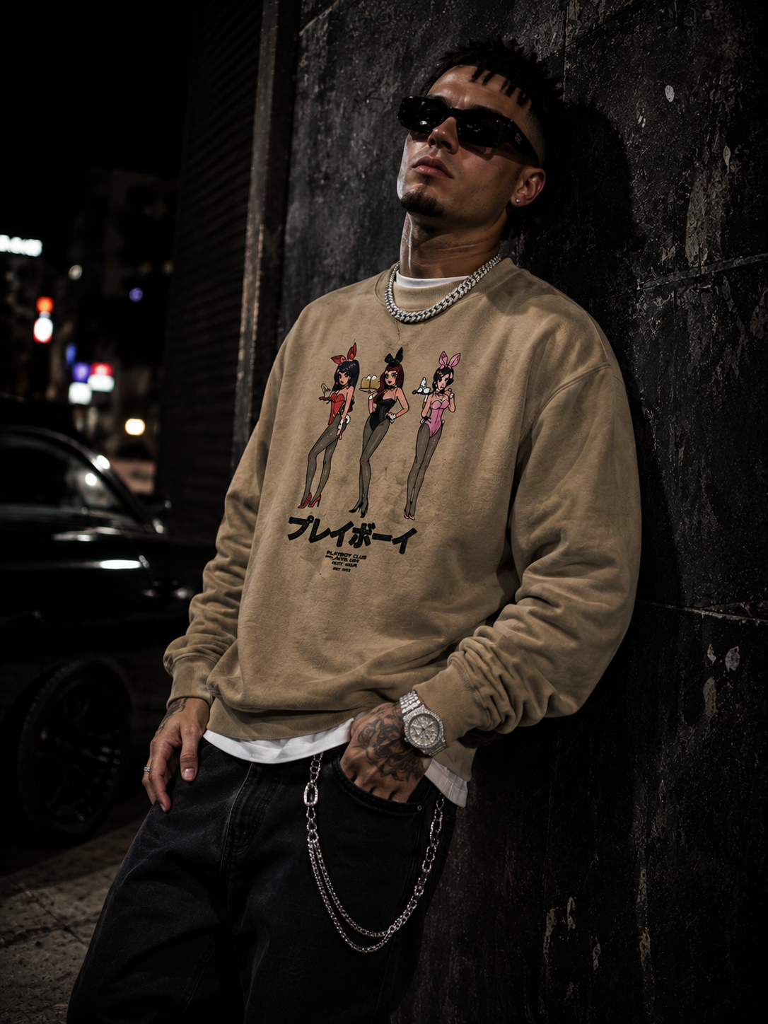 A man wearing a beige crewneck sweatshirt with a graphic of three anime-style characters and Japanese text, posing against a dark concrete wall at night. #Streetwearmen