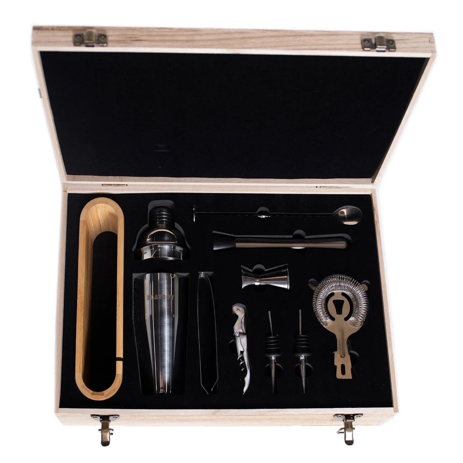 10-piece stainless steel bar kit with shaker, jigger, strainer, tools in a wooden case