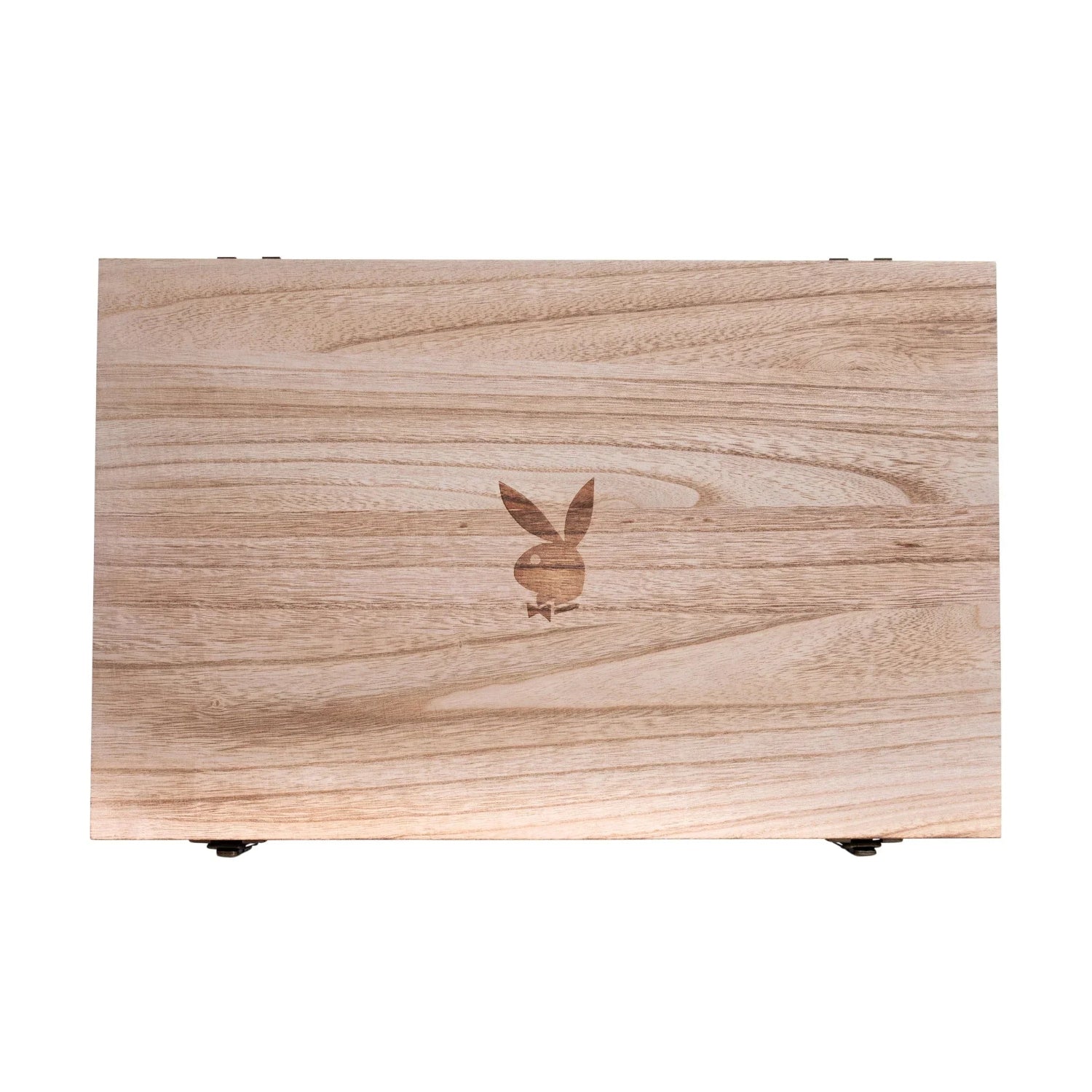 Wooden box with engraved bunny logo on lid, barware or accessory storage case
