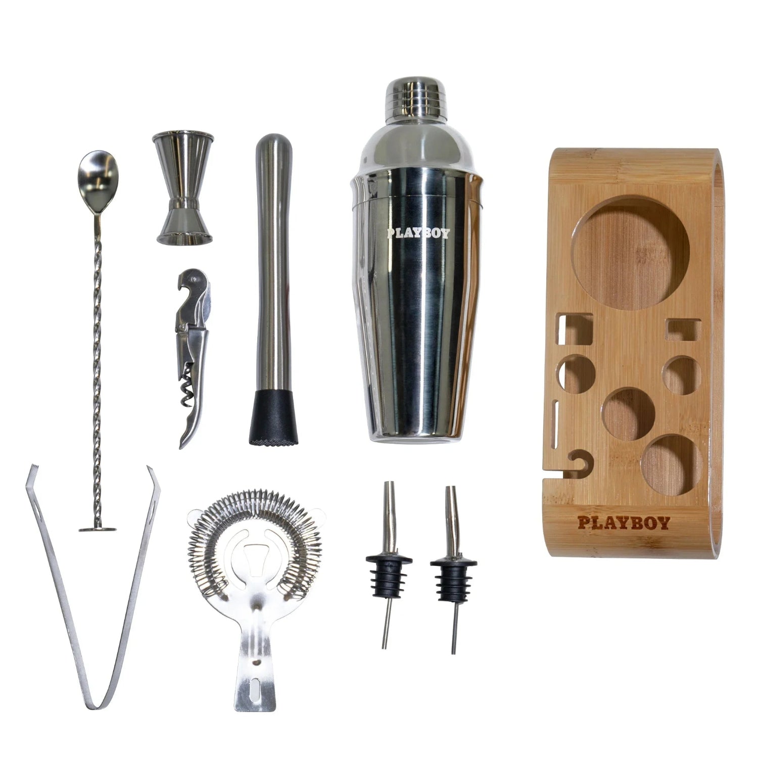 Stainless steel 10-piece home bar kit with cocktail shaker, tools, and bamboo stand