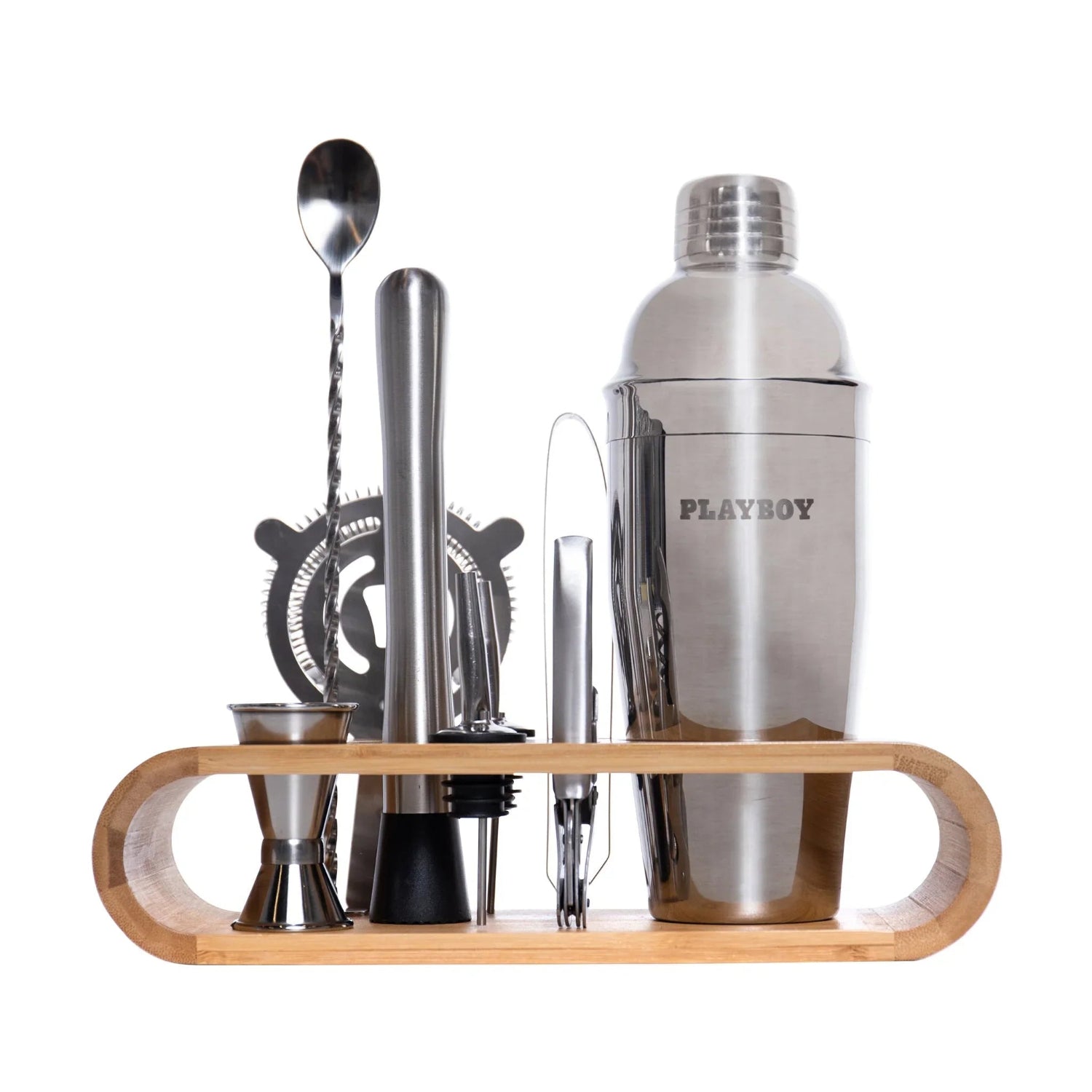 10 piece stainless steel bar tool kit with shaker and bamboo holder on white background