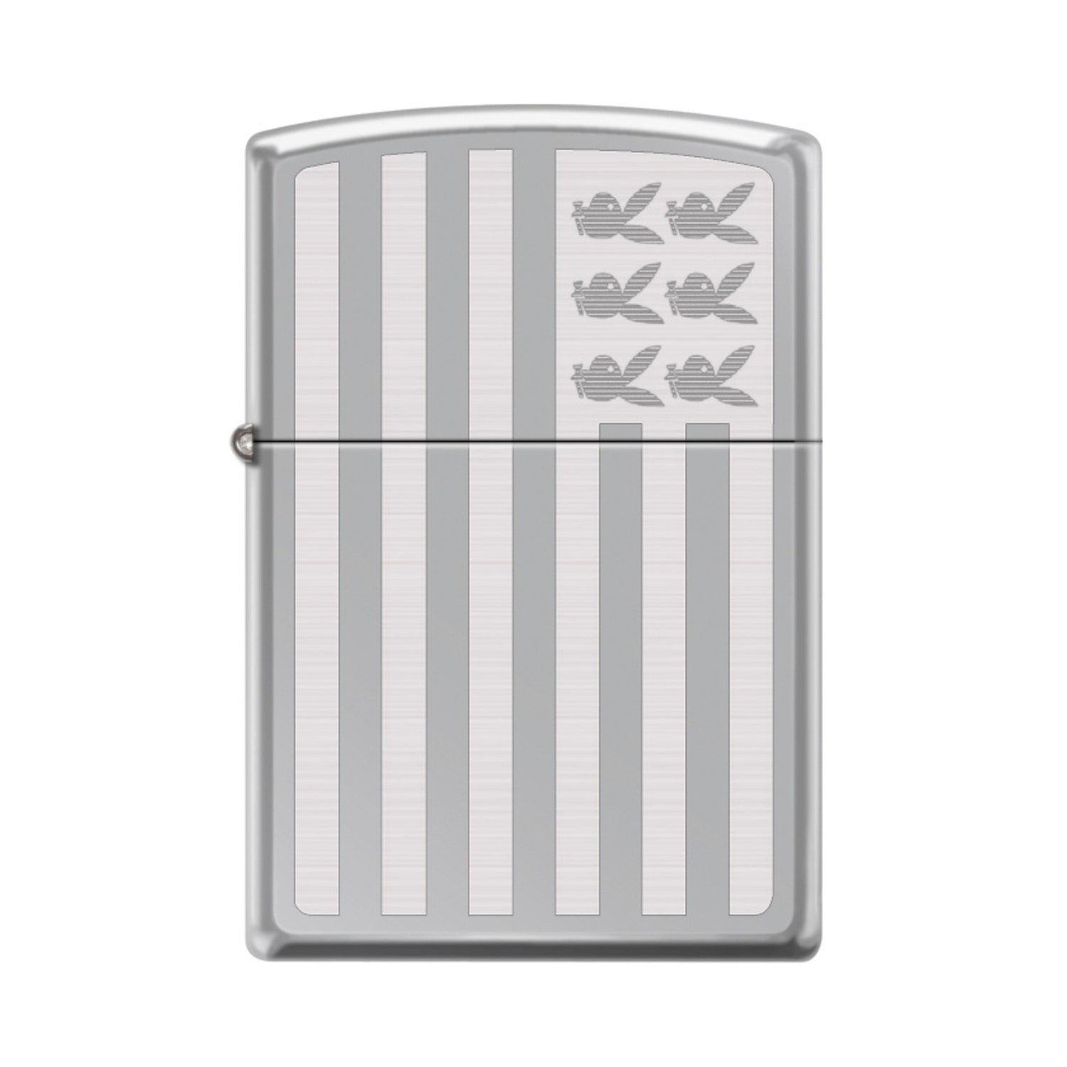 Silver Zippo lighter with engraved design on a white background