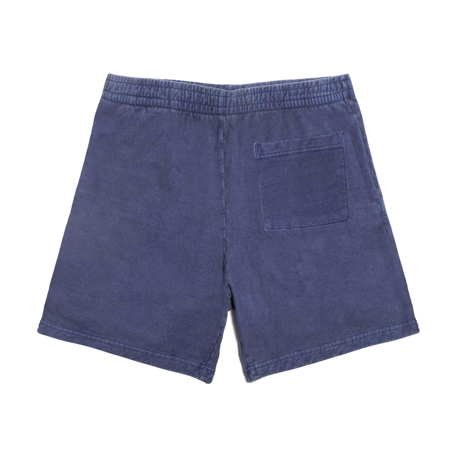 Men's blue sweatshorts with elastic waistband and single back pocket, flat lay view