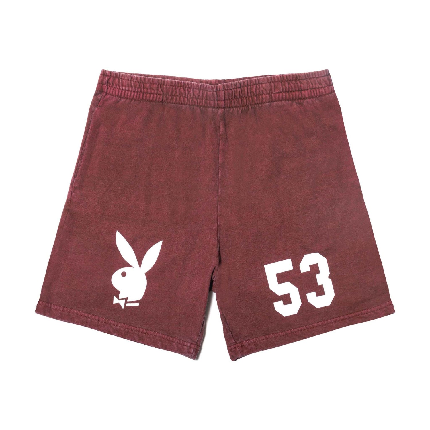 Maroon sweatshorts with white bunny logo and number 53, elastic waistband, men's clothing