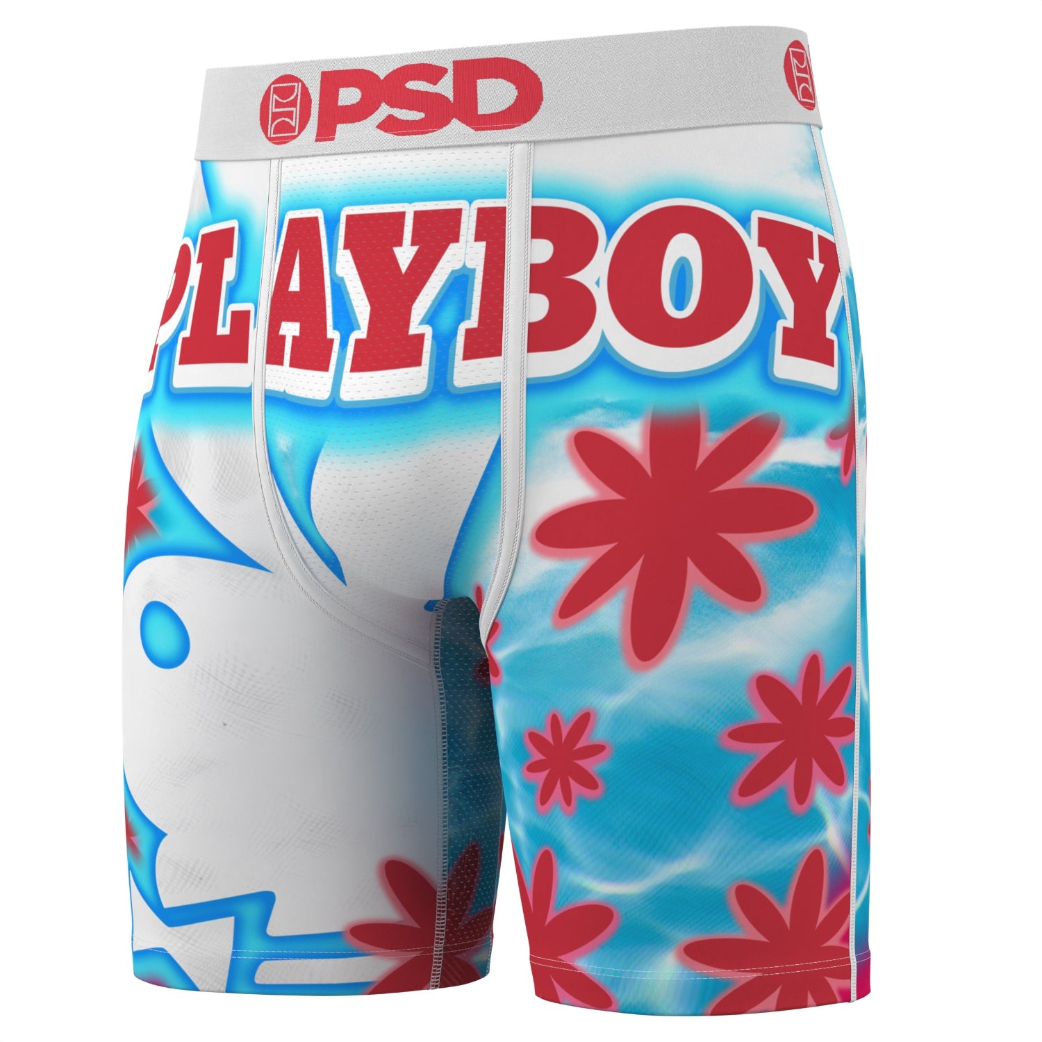 Playboy branded boxer briefs with floral design on a white background
